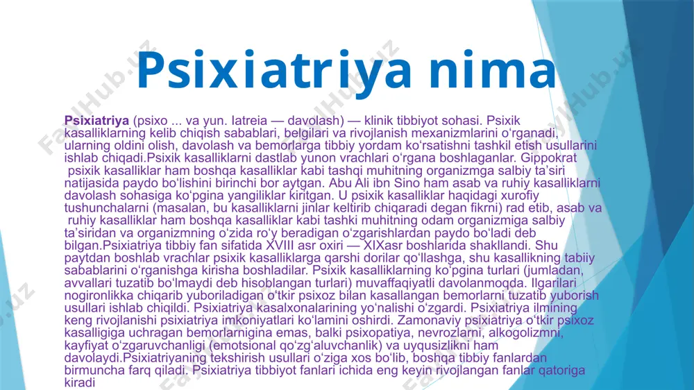 vojlangan fanlar qatoriga kiradi psixik kasalliklar tavsifi ruhiy kasallik atamasi ostida asab tizimlaridagi buzilishlar oqibatida paydo boʻluvchi, jamiyatda oʻrnashib qolgan meʼyorlardan keskin chiquvchi hatti-harakatlarga olib keluvchi kasallik tushuniladi. ruhiy kasallikka chalinish koʻpincha bemorning xulq-atvorining oʻziga ham, atrofdagi odamlarga ham xavfliligi bilan xarakterlanadi. faqat oʻtkir holatlargina emas, balki nim oʻtkir va surunkali kechuvchi ruhiy buzilishlar, hattoki remissiya holatlari ham bemor tomonidan xulq-atvorining kutmaydigan harakatlari bilan kuzatiladilar va shoshilinch yordamga muhtoj boʻladilar.psixik kasalliklar, ruhiy kasalliklar, psixozlar — bosh miya faoliyatining buzilishidan kelib chikadigan kasalliklar: ruhiy faoliyatning funksional uzgarishidan to uning butunlay buzilishigacha boʻlgan holatlar.ruhiy kasallikda bemor voqealikni toʻgʻri idrok etolmaydi, shu jihatdan ruhiy kasallik ichki kasalliklardan farq qiladi. ruhiy kasallikning sabablari xilma-xil, bular orasida irsiy omil (nayel) asosiy oʻrin tutadi. mas, oligofreniya, psixopatiya, maniakal-depressiv psixoz, epilepsiya va shizofrenshttt kelib chiqishida kishining nasl-nasabi muqim rol oʻynaydi. ruhiy kasallikning paydo boʻlishi va avj olishiga infeksion kasalliklar, bosh miyaning shikastlanishi, intoksikatsiya, ruhiy iztiroblar ham sabab …