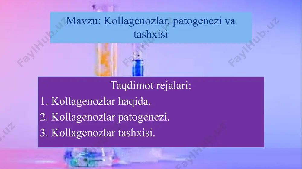 rolini ko‘rsatadi. kollagenozlar patogenezi: 1. genetik moyillik ba'zi odamlar genetik jihatdan immun tizimi buzilishiga moyil bo‘ladi (masalan, hla-dr gen kompleksi bilan bog‘liq). bu insonlarda tashqi omillar ta'sir qilganda (viruslar, bakteriyalar, uv nurlanishi) immun tizim noto‘g‘ri ishlay boshlaydi. 2 . autoimmun javob rivojlanishi tashqi yoki ichki omillar ta’siridan so‘ng immun tizimi o‘z to‘qimalarini "begona" deb qabul qiladi. natijada avtoantitanalar (masalan, ana — antinuklear antitanalar) hosil bo‘ladi. bu antitanalar sog‘lom hujayra va to‘qimalarga hujum qiladi. 3. yallig‘lanish va to‘qimalarga zarar yetkazilishi. antitanalar hujum qilgan joyda yallig‘lanish boshlanadi. yallig‘lanish natijasida sitokinlar (yallig‘lanish oqsillari) ko‘p miqdorda ajraladi. bu esa: kollagen va boshqa to‘qima tarkibiy qismlarining buzilishiga, to‘qimalarda shish, qattiqlashish va funksional buzilishlarga olib keladi. kollagenozlar tashxisi. kollagenozlarni aniqlash uchun bir nechta bosqichli tekshiruvlar kerak bo‘ladi: klinik ko‘rsatkichlar bo‘g‘im og‘rig‘i va shishi teri o‘zgarishlari (masalan, kapalak toshmasi) mushak kuchsizligi og‘iz va ko‘z qurishi ichki organlarning (yurak, buyrak, o‘pka) buzilish belgilari. ko'p organlarning shikastlanishi ehtimoli tufayli, …
