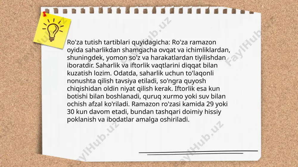 nidagi toq kechalardan biri sifatida belgilangan. ushbu oyda qur'on oyatini o'qish va anglash musulmonlar uchun katta savob va xayr hisoblanadi. ... t.me/slaydai_bot tarovih namozi ramazon oyida musulmonlar tomonidan kechasi o'qiladigan ixtiyoriy ibodatdir. u asosan 20 rakatdan iborat bo'ladi, lekin ba'zi joylarda 8 rakat o'qiladi. tarovih namozi xufton namozidan keyin jamoat bilan o'qiladi va bu ramazon oyining har kechasida davom etadi. ushbu namoz sunnat bo'lib, uni payg'ambar muhammad (s.a.v.) ham ado etganlar. tarovih namozining maqsadi ramazon oyida bandaning allohga yaqinlashishi va qur'oni karimni xatm qilishga yordam berishdir. tarovih namozi musulmon jamiyatlarida birlik va jamoatchilik ruhini mustahkamlashga katta hissa qo'shadi. ... t.me/slaydai_bot ro'za (ramazon oyi) musulmonlar uchun eng muhim ibodatlardan biri bo'lib, taqvonin asosiy ko'rsatkichidir. ro'za tutilishi davomida 29 yoki 30 kun davomida ertalabdan kechgacha ovqat yeyish va ichishdan tiyiladilar. bu vaqt ichida namoz, qur'on o'qish va duolar ko'paytiriladi. ro'za faqat ovqat va ichimlikdan tiyilish emas, balki nafsni poklash, sabr-toqat va irodani …