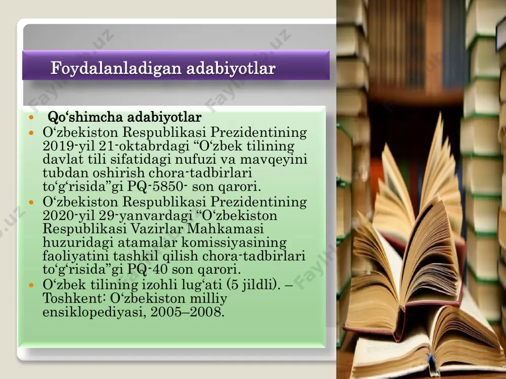 r yuklatilsa, “tavsiya etaman” so„zi qo„llanadi. ko„rsatma matni ko„rsatma namunasi “etalon” firmasi 2000-yildagi mehnat ta‟tillari jadvali haqida ko„rsatma 2000.02.01. №28 toshkent 2000-yil uchun xodimlar mehnat ta‟tili jadvalini tuzish haqida taklif etaman: 1. tarkibiy bo„linma rahbarlari 2000-yilda xodimlarning ta‟tilga chiqishlari ro„yxatini muddati ko„rsatilgan holda tuzib, kadrlar bo„limiga topshirsinlar. ro„yxatni topshirish muddati: 2000.10.01 2. kadrlar bo„limi firma xodimlarining 2000-yil ta‟tillari qo„shma jadvalini tuzib, firma direktori tasdig„iga taqdim etsin. mas‟ul kadrlar bo„limi boshlig„i s.ibrohimova. jadvalni taqdim etish muddati: 2000.15.01. firma direktori imzo n.a.umarov rozilik belgisi 32 farmoyish farmoyish korxona ma‟muriyati (direktor, uning o„rinbosari, bosh muhandis, uning o„rinbosari), shuningdek, bo„limlarning rahbarlari tomonidan amaliy masalalar yuzasidan qabul qilinadigan hujjatdir. farmoyishlarning amal qilish muddati chеklangan bo„lib, bo„limlarning tor doirasiga hamda ayrim mansabdor shaxslar va fuqarolarga taalluqli bo„ladi. farmoyishning matni xuddi buyruqniki singari zaruriy qismlardan tashkil topadi. faqat uning kirish qismida “buyuraman” so`zi o„rniga “tavsiya qilaman”, “ruxsat bеraman” kabi so„zlar ishlatiladi. farmoyish namunasi “qurilish” firmasi ta‟mirlash ishlarini …