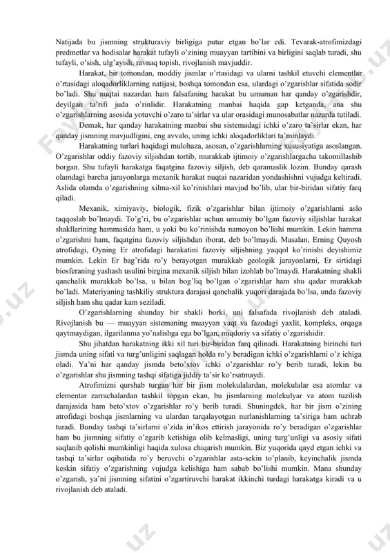 n ma’naviy borliq); - sotsial borliq (ayrim odamning tarixiy jarayondagi borlig’i va jamiyat borlig’i), u ijtimoiy borliq ham deb ataladi. borliqning moddiy shakli materiya o’ziga barcha jismlarni, hodisalarni, jarayonlarni va ularning xususiyatlarini qamrab oladi. bundan tashqari u tafakkurni ham, olamda mavjud bo’lgan barcha aloqadorliklarni va munosabatlarni ham qamrab oluvchi umumiy falsafiy tushunchadir. borliqning moddiy shakliga xos umumiylikni axtarishning bir yo’nalishi moddiy olamning asosida yotuvchi umumiy mohiyatni axtarish yo’li bo’lib, yuqorida qayd etganimizdek, substantsiyani aniqlash yo’lidir. ikkinchi yo’l esa — moddiy olamning asosiy tarkibiga kiruvchi «qurilish elementlarini»- substratni axtarish yo’li. uchinchi yo’l — hamma narsaning vujudga keltiruvchi bosh sababchisini, ota moddani, ya’ni pramateriyani axtarish yo’li. mana shu yo’l haqida maxsus to’xtab o’taylik. olamning substantsiyasini axtarishning bu usuli go’yoki meva iste’mol qilayotgan kishi, uning kelib chiqishini axtarib, dastlab daraxtga, so’ngra uning guliga, bargiga, ko’chatiga va urug’iga nazar solganidek, atrofimizdagi moddiy olamning o’zagida dastlabki yaratuvchi modda sifatida nima yotishini, ya’ni ilk materiyani, azaliy …