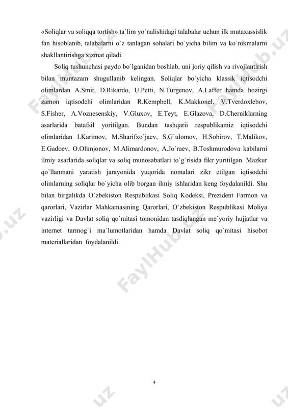 mog`i ma`lumotlaridan hamda davlat soliq qo`mitasi hisobot materiallaridan foydalanildi. 1. bozor iqtisodiyoti sharoitida soliqlar va ularning vazifalari soliqqa oid boshqacha ta’riflarni turli xildagi adabiyotlarda yana ham chuqur ko’rib chiqish mumkin. quyidagi xos so’zlar “majburiy”, “undirish” va “yuk” degan umumiy xarakterdagi ta’riflar, hattoki soliq va soliqqa tortish tushunchasining o’zi ham ko’pchilik uchun unchalik kerak bo’lmagan talqin sifatida qo’llaniladi. bu esa bizni soliqni undirish sabablariga to’xtalishga olib keladi. soliq tushunchasi iqtisodiy kategoriya sifatida sinfiy hukmron kuch sifatida yuzaga chiquvchi davlatning paydo bo‘lishi va uni faoliyatining davomiyligi bilan bevosita bog‘liqdir. shu o‘rinda soliq kategoriyasi davlatni iqtisodiy siyosati orqali iqtisodiy voqiylik sifatida yuzaga chiqishini ta’kidlash lozim. soliq tushunchasi bu tor ma’noda davlat ixtiyoriga boshqalardan majburiy tartibda undiriladigan pul tushumlarini ifodalaydi. ma’lumki, soliqlar bevosita davlatning paydo bo‘lishi bilan bog‘liqdir, ya’ni davlat o‘zining vakolatiga kiruvchi vazifalarni bajarish uchun moliyaviy manba sifatida soliqlardan foydalanadi. soliqlarning amal qilishi bu ob’ektivlikdir, chunki jamiyatni tashkil etuvchi individlarning hammasi ham real …