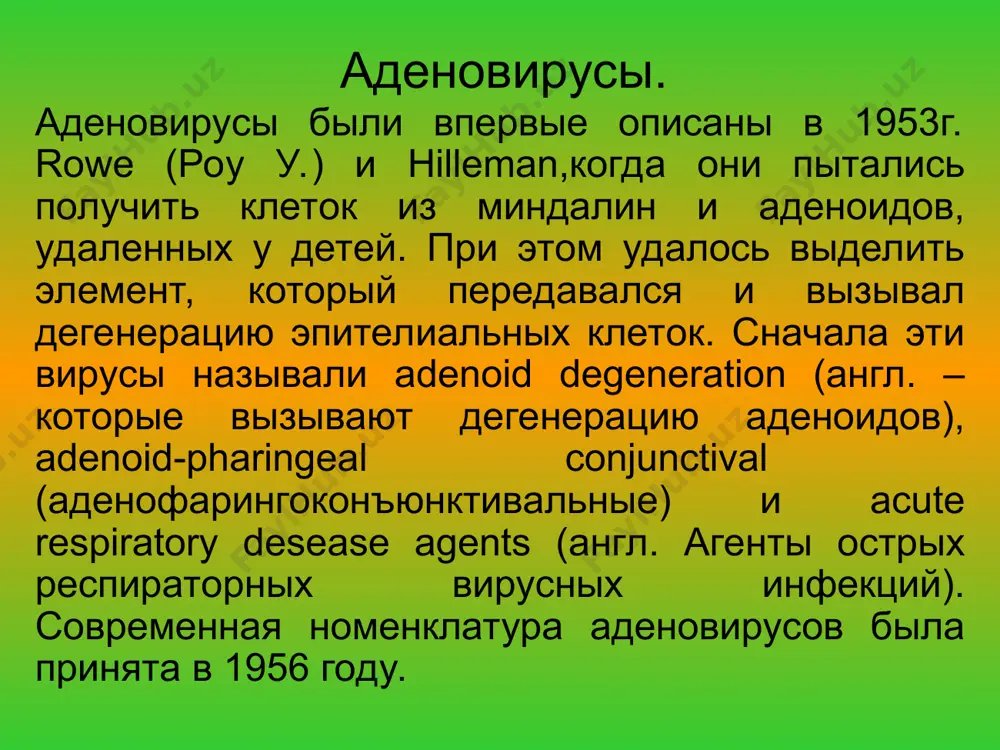 рота – верхние дыхательные пути. инкубационный период от 1 до 13 дней. установлено выделение большого количества вирусов из кишечного тракта. в кишечник они заносятся из верхних дыхательных путей или с кровью, способны размножаться в эпителии кишечника. лабораторная диагностика лабораторную диагностику проводят в трех направлениях: 1) выявляют скопления специфического вирусного антигена в клетках цилиндрического эпителия верхних дыхательных путей при помощи риф и ифа; в испражнениях – при помощи иммунной электронной микроскопии. 2) выделение вирусов проводят путем заражения чувствительных культур клеток с последующим типированием в рн и ртга. материалом для исследования может быть слизь из носоглотки, ануса, мазки с конъюнктивы, кровь. 3) серодиагностика. выявление наростания титра ат методом парных сывороток в рн, рск, ртга. лечение и профилактика. для лечения используют препараты которые специфически действуют на аденовирусы, это 6-азауридин, азагуанин, йоддезоксиуридин, днк-аза. при кератитах и конъюнктивитах - интерферон. известны формалиновая и живая аттенуированная вакцины против аденовирусов отдельных типов. они отличаются высокой иммуногенностью. изучается …
