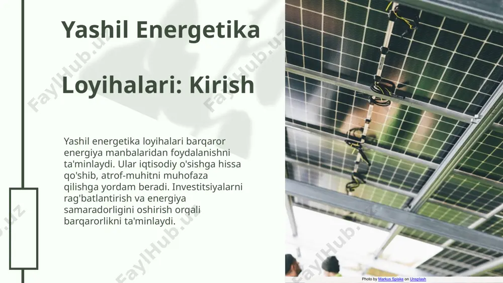ni rivojlantirish strategiyalarini amalga oshirish muhimdir. transport infratuzilmasiga investitsiyalarni oshirish strategiyalari. masalan, davlat va xususiy sektorning hamkorligi orqali yangi elektr transport tizimlari yoki qayta tiklanadigan energiya manbalaridan foydalanish loyihalari muvaffaqiyatli amalga oshirilgani kuzatilgan. davlat va xususiy sektor hamkorligi. photo by towfiqu barbhuiya on unsplash 04.26.24 04.26.24 yashil transport infratuzilmasining foydalari yashil transport infratuzilmasi atrof-muhitga ijobiy ta'sir ko'rsatadi. buning natijasida havoning ifloslanishi kamayadi, shuningdek, shaharlar va qishloqlarda yashash sifatini oshiradi. bunda energiya resurslaridan samarali foydalanish ham muhim ahamiyatga ega. atrof-muhitga ta'siri yashil transport infratuzilmasi yangi ish o'rinlarini yaratadi va energiya tejash imkoniyatlarini oshiradi. bu, o'z navbatida, iqtisodiy o'sishni rag'batlantiradi va aholi farovonligini yaxshilaydi. shuningdek, energiya tejash va atrof-muhitni muhofaza qilish orqali xarajatlarni kamaytirishga yordam beradi. ijtimoiy va iqtisodiy foydalari kuchli tomonlar: barqaror energiya manbalari, zamonaviy texnologiyalar. zaif tomonlar: yuqori dastlabki xarajatlar, mavjud infratuzilmaning eskirishi. imkoniyatlar: davlat qo'llab-quvvatlashi, yangi investitsiyalar. tahdidlar: an'anaviy transport tizimlarining raqobati, ijtimoiy qarshilik. swot tahlili photo by sergey …