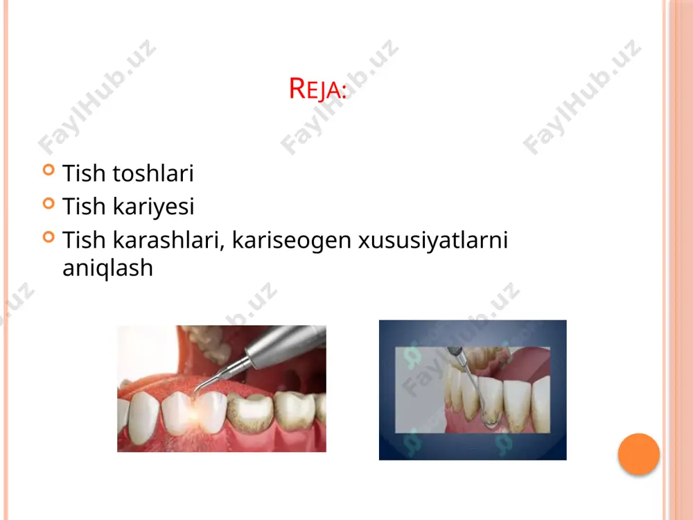 ing toji va tashqi yuzasiga tarqaladi. buzilish va yallig‘lanish: tosh tishlar koronkalari ostiga kirib, ularni shikastlaydi. bu milklardan qon ketishiga va og‘izdan yoqimsiz hid kelishiga sabab bo‘ladi.yetarli darajada ruhiy aktivlikka ega bo’lishi; tishlarning rangi va holati: tosh bilan qoplangan tishlar qorayadi. keyinchalik gingivit boshlanishi mumkin. agar tosh milkning ostiga chuqur kirib borsa, tish chayqala boshlaydi va og‘riy boshlaydi. rang va aniqlash: milk usti tishi odatda jigarrang yoki sariq rangda bo‘ladi va uni mustaqil ravishda aniqlash mumkin. milk osti toshi jigarrang yoki yashil tusda bo‘ladi, u juda qattiq bo‘lib, uni faqat stomatolog asboblar yordamida tekshirganda aniqlashi mumkin. diagnostika-shifokor og‘iz bo‘shlig‘ini standart tekshirish paytida milk usti tish toshini aniqlaydi. milk osti hosilalarini aniqlash uchun u stomatologik zonddan foydalanadi. davolash tish toshini olib tashlash usullari: ilgaklar: eski usul, og‘riqli va travmatik. ultratovush: zamonaviy usul emal bilan kontaktsiz, toshni samarali olib tashlaydi. lazer: og‘riqsiz usul, toshni mayda bo‘laklarga parchalaydi. havo oqimi: mayda cho‘kindilarni yo‘qotish …