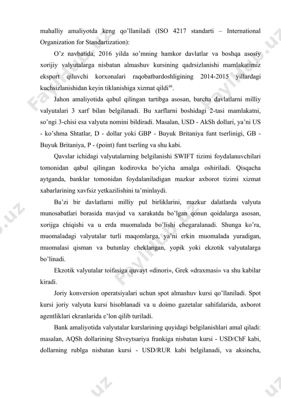 arkaziy bank tomonidan valyuta bozorini tartibga solish borasida olib borilgan chora-tadbirlar natijasida so’mning almashuv kursi belgilangan maqsadli koridor doirasida bo’ldi. 2008 yilda aqsh dollarining so’mdagi nominal qiymati yil boshidagi 1290 so’mdan 1393 so’mga yetdi. kross-kurs (cross-rates) bu - ikki valyuta o’rtasidagi ayirboshlash kursidir, aqsh dollari bundan mustasno. kross-kurs bo’yicha eng faol konversion operatsiyalar bozoriga yapon ienasiga nisbatan yevro eur/jpy, yevroga nisbatan funt sterling eur/gbp, shveytsariya frankiga nisbatan yevro eur/chf va boshqa valyutalar kurslari kiradi. kross-kurslarga shuningdek, rublning (dollardan tashqari) boshqa valyutalarga nisbatan kurslarini eur/rur, gbp/rur ham kiritish mumkin. savdo hajmi uncha katta bo’lmagan valyutalar bo’yicha kross-kurslarni yaxlit tarzda olish ba’zida mushkul bo’ladi, bunday vaziyatda bitimlarni aqsh dollari orqali amalga oshirish qo’l keladi. umuman olganda, kross-kurslar bilan bo’ladigan savdo hajmi salmoqli miqyosga ega emas va ularning ulushi 10% ni tashkil qiladi, dollardagi kotirovkalar bo’yicha aylanmalarning ulushi esa mos ravishda 90% dan iborat. kross-kurslarning xususiyatli jihatlaridan biri shundaki, valyutalar o’rtasidagi kurslarning kotirovkasi …