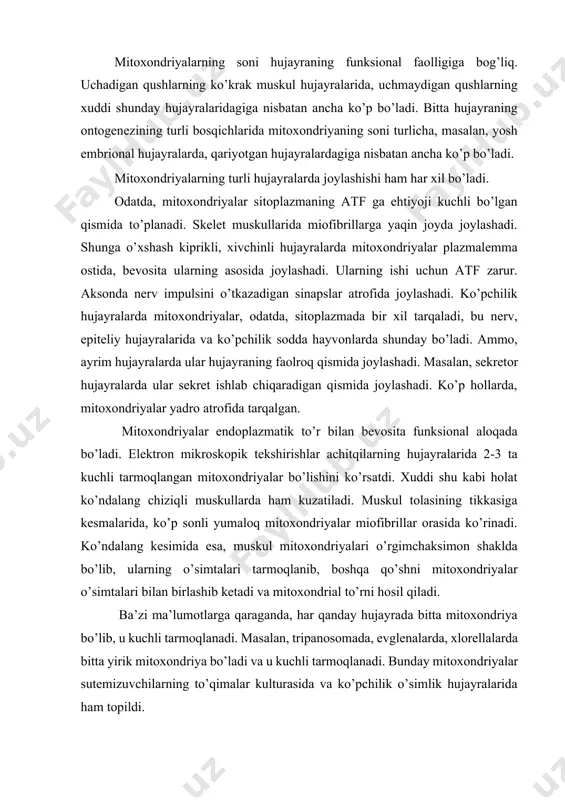 anadi. bunday mitoxondriyalar sutemizuvchilarning to’qimalar kulturasida va ko’pchilik o’simlik hujayralarida ham topildi. hisoblarga ko’ra,odamning jigar hujayrasida 1000 ta mitoxondriya bo’ladi, u sitoplazma hajmining 20 % ini tashkil qiladi. jigar hujayrasining barcha mitoxondriyalari yuzasining maydoni uning plazmatik membranasinikidan 4-5 marta ko’p. ovotsitlarda mitoxondriyalar juda ko’p bo’ladi, ularning soni 300 mingta, gigantik amyoba chaos chaosda 500 mingta bo’ladi. yashil o’simliklarda hayvon hujayralarinikidan ancha kam bo’ladi, chunki ularning funksiyasini qisman xloroplastlar bajaradi. ba’zi hujayralarda mitoxondriyalar bir-birlari bilan quyilib ketishi va bitta gigantik mitoxondriyani hosil qilishi mumkin. bu spermatogoniylarda kuzatilgan. spermatozoidda ko’pincha bitta gigantik mitoxondriya bo’lib, xivchinning o’rta qismini spiral holda o’rab turadi. anaerob va parazit bir hujayralilarda mitoxondriyalar bo’lmaydi. mitoxondriyaning nozik tuzilishi elektron mikroskop yordamida yaxshi o’rganildi. bu organoid tashqi tomonidan ikki qavat membrana bilan qoplangan. tashqi mitoxondrial membrana uni gialoplazmadan ajratib turadi. bu membrana odatda, silliq, qalinligi 7 mm atrofida bo’ladi va boshqa membranali strukturalar bilan birikmaydi. tashqi membranani ichki membranadan kengligi …