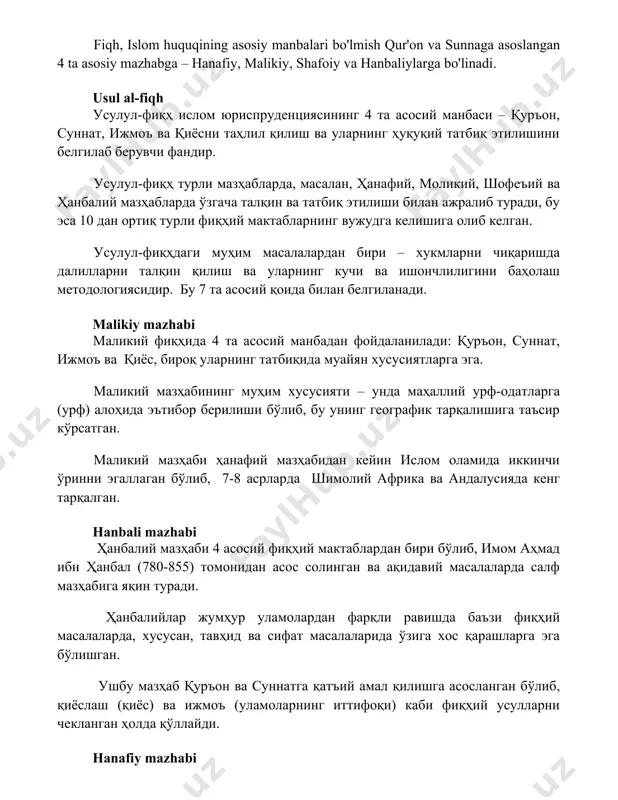 ий мактабларнинг вужудга келишига олиб келган. усулул-фиқҳдаги муҳим масалалардан бири – хукмларни чиқаришда далилларни талқин қилиш ва уларнинг кучи ва ишончлилигини баҳолаш методологиясидир. бу 7 та асосий қоида билан белгиланади. malikiy mazhabi маликий фиқҳида 4 та асосий манбадан фойдаланилади: қуръон, суннат, ижмоъ ва қиёс, бироқ уларнинг татбиқида муайян хусусиятларга эга. маликий мазҳабининг муҳим хусусияти – унда маҳаллий урф-одатларга (урф) алоҳида эътибор берилиши бўлиб, бу унинг географик тарқалишига таъсир кўрсатган. маликий мазҳаби ҳанафий мазҳабидан кейин ислом оламида иккинчи ўринни эгаллаган бўлиб, 7-8 асрларда шимолий африка ва андалусияда кенг тарқалган. hanbali mazhabi ҳанбалий мазҳаби 4 асосий фиқҳий мактаблардан бири бўлиб, имом аҳмад ибн ҳанбал (780-855) томонидан асос солинган ва ақидавий масалаларда салф мазҳабига яқин туради. ҳанбалийлар жумҳур уламолардан фарқли равишда баъзи фиқҳий масалаларда, хусусан, тавҳид ва сифат масалаларида ўзига хос қарашларга эга бўлишган. ушбу мазҳаб қуръон ва суннатга қатъий амал қилишга асосланган бўлиб, қиёслаш (қиёс) ва ижмоъ (уламоларнинг иттифоқи) каби фиқҳий усулларни …
