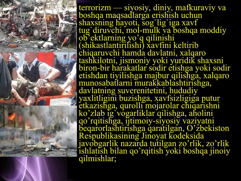 alarga zarur axborotlar taqdim etadi; terrorchilarning o’zbekiston respublikasi hududiga kirishidan davlat chegarasining himoya qilinishi va qo’riqlanishini ta’minlaydi; page * 10-modda. o’zbekiston respublikasi ichki ishlar vazirligining terrorizmga qarshi kurash sohasidagi vakolatlari o’zbekiston respublikasi ichki ishlar vazirligi: terrorchilik faoliyatining oldini olish, uni aniqlash, unga chek qo’yish hamda uning oqibatlarini minimallashtirish yo’li bilan terrorizmga qarshi kurashni amalga oshiradi; alohida muhim, kategoriyalangan va boshqa ob’ektlarning qo’riqlanishini va xavfsizligini ta’minlaydi; davlat hokimiyati va boshqaruvning tegishli organlariga terrorchilik faoliyatiga aloqador shaxslar, guruhlar va tashkilotlar to’g`risida axborot taqdim etadi; page * terrorchilikka qarshi operatsiyaning o’tkazilishi 15-modda. terrorchilik harakatiga chek qo’yish terrorchilik harakatiga chek qo’yish uchun qonun hujjatlariga muvofiq zarur choralar qo’llaniladi, shu jumladan terrorchilikka qarshi operastiyalar o’tkaziladi. page * 19-modda. terrorchilikka qarshi operastiya o’tkazayotgan shaxslarning operastiya o’tkaziladigan zonadagi huquqlari terrorchilikka qarshi operastiya o’tkaziladigan zonada mazkur operastiyani o’tkazayotgan shaxslar quyidagi huquqlarga ega: zarurat bo’lganda transport vositalari va yo’lovchilarning ko’cha va yo’llarda harakatlanishini vaqtinchalik cheklash yoki taqiqlash, transport vositalarini, …