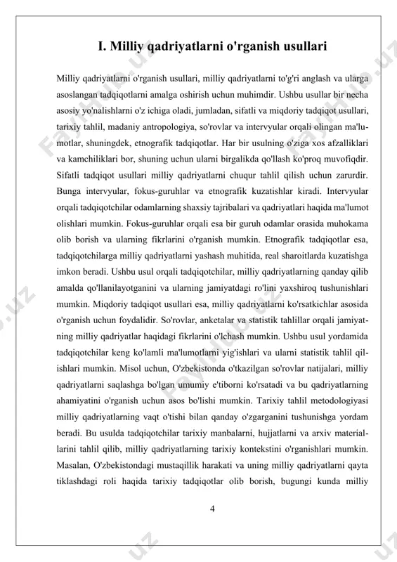 yatlarda, o'zbek xalqining milliy kimligi va qadriyatlarini saqlash zarurati yanada muhim ahamiyatga ega bo'ladi. shuningdek, globalizatsiya jarayonida yana bir muhim masala - bu madaniy homogenizatsiya. boshqa mamlakatlardan kelgan qadriyatlar va madaniyatlar o'zaro ta'sirda bo'lgan holda, mahalliy qadriyatlarni yo'q qilishi yoki ularni o'zgartirishi mumkin. bu jarayonda, masalan, internet va ijtimoiy tarmoqlar orqali tarqatilayotgan axborot va kontentlar katta rol o'ynaydi. o'zbekiston kabi davlatlarda, bu jarayon milliy qadriyatlarni saqlash bo'yicha harakatlarni kuchaytirishga majbur qiladi, chunki yosh avlod global madaniyat bilan tanishib, uning ta'sirida qolishi mumkin. globalizatsiya va milliy qadriyatlar o'rtasidagi ziddiyatlarni hal qilish uchun bir necha strategiyalar ishlab chiqilgan. bularning eng muhimi - bu ta'lim va madaniyatni rivojlantirish orqali milliy qadriyatlarni mustahkamlashdir. o'zbekiston misolida, maktab va universitetlarda milliy qadriyatlarni o'rgatish, adabiyot, san'at va tarix orqali yoshlarni o'z milliy kimligini anglashga yordam berishi mumkin. shuningdek, davlat siyosati doirasida milliy qadriyatlarni saqlash va rivojlantirishga qaratilgan dasturlar ishlab chiqilishi muhimdir. bundan tashqari, globalizatsiya jarayonida mahalliy qadriyatlarni …