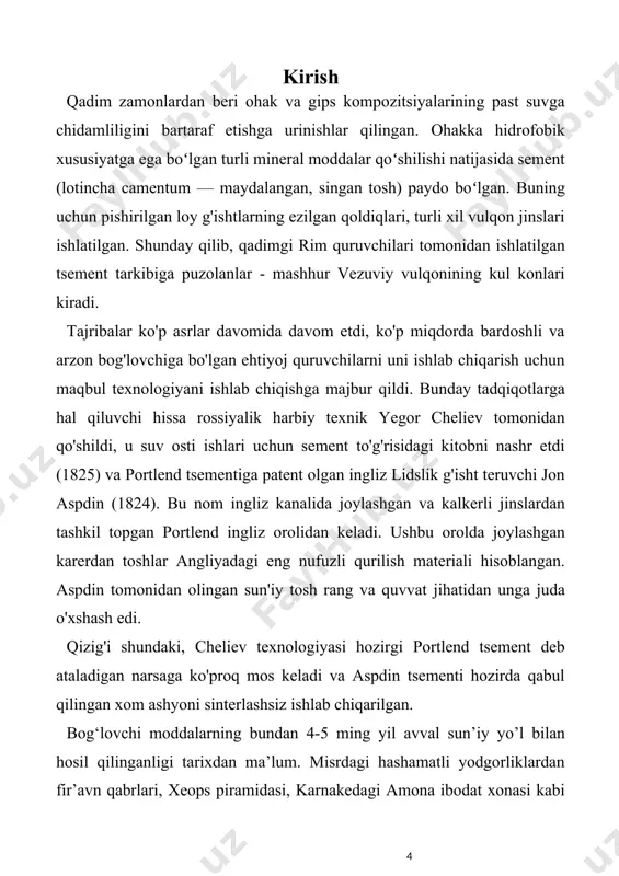 n’iy yo’l bilan hosil qilinganligi tarixdan ma’lum. misrdagi hashamatli yodgorliklardan fir’avn qabrlari, xeops piramidasi, karnakedagi amona ibodat xonasi kabi ulkan noyob yodgorliklar eramizdan ikki to’rt ming yil avval xarsang tosh elementlari vositasida qurilgan. vatanimizda bog‘lovchi moddalar (asosan, ohak va gips) ishlab chiqarish sanoati tosh materiallarni inshootlarda o’qlabkelinganligi asosida vujudga keldi. masalan shahar devorlari, minoralar, masjid vaqasrlar, buxoro, samarqand, xiva yodgorliklari kabi inshootlarning qurilish materiallariga bo’lgan extiyojini oshirgan. xorazm choratrofi qalin devorlar bilan o‘rab chiqilgan to‘rtta silindr minoradan iborat edi. minoraning usti tep-tekis qilib ishlangan. bunday inshootlarni qurishda qo‘shilmalar bilan ishlangan ganch qorishmasi va gil tuproqdan pishirilgan yapaloq g‘ishtlar hamda tabiiy toshlar ishlatilgan. markaziy osiyoda bundan bir necha ming yil muqaddam sirlangan spool buyumlar tayyorlash sopol san’atining muhim tarmoqlaridan biri edi. kulollar gildan turli-tuman buyumlar yasab, ularni har xil chidamli ranglar bilan bezaganlar. x asrda farg‘ona va samarqandda yasalgan spool buyumlardan birnecha nusxasi topilgan. ularda gilli naqshlar va ranglar to‘lasaqlangan. bundan …