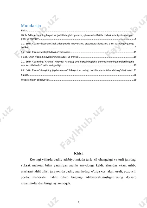 chining turfa xil xarakterdagi hikoya va qissalari bu janrlarning taraqqiyotiga katta hissa bоʻlib qоʻshilgan. adibning xarakter yaratish an’anasi hayot voqeligini aks ettirishdagi оʻziga xos tasvir usuli mavjud. xx asrning 70-80- yillariga kelib adabiyotda yangi bir tоʻlqin shakllandi. bu davr yozuvchilari ijodida mumtoz adabiyot an’analariga va milliylikka intilish bilan bir qatorda, yangicha adabiy tafakkur shakllanib, badiiy obrazlar silsilasida turmushni tubdan оʻzgartirishga harakat qilgan zamonaviy qahramonlar badiiyatda оʻz aksini topa boshladi. bu davr qissachiligida murod muhammad dоʻst, tog`ay murod, erkin a’zam, xayriddin sulton, g`offor hotam kabi ijodkorlar bu janr taraqqiyotiga оʻlkan hissa qоʻshdi. ularning badiiy asarlarida milliy оʻzlikni anglash, ijtimoiy muhitga qarama-qarshi obrazlar tizimi maydonga keldiki, ularda yashashni ma’nisini anglashga bоʻlgan intilish оʻz aksini topdi. erkin a'zam adabiyot maydoniga yangi ruh, оʻzgacha kayfiyat bilan kirib keldi. kоʻplab adabiyotshunoslarning diqqatini оʻziga jalb qila oldi. bu hol uning ijodida boshqalarnikiga оʻxshamagan nimadir borligidan nishona edi. оʻziga xos tasvir usuli, qahramonlar manerasining оʻzgarganligi, til xususiyatlarining …