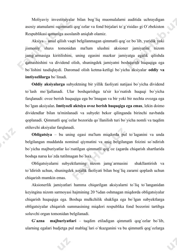 bo`lsa). obligatsiyalarni subyektlarning nizom jamg`armasini shakllantirish va to`ldirish uchun, shuningdek xojalik faoliyati bilan bog`liq zararni qoplash uchun chiqarish mumkin emas. aksionerlik jamiyatlari hamma chiqarilgan aksiyalarni to`liq to`langanidan keyingina nizom sarmoyasi hajmining 20 %dan oshmagan miqdorda obligatsiyalar chiqarish huquqiga ega. boshqa mulkchilik shakliga ega bo`lgan subyektlarga obligatsiyalar chiqarish summasining miqdori respublika fond bozorini tartibga soluvchi organ tomonidan belgilanadi. g`azna majburiyatlari – taqdim etiladigan qimmatli qog`ozlar bo`lib, ularning egalari budjetga pul mablag`lari o`tkazganini va bu qimmatli qog`ozlarga egalik qilish muddati davomida aniq belgilangan daromad olish huquqini beruvchi ko`rsatuvchi egalik qiladigan davlat qimmatli qog`ozlaridir. g`azna majburiyatlari quyidagi turlarda chiqariladi: uzoq muddatli – 5 yil va undan uzoq bo`lgan muddatga, o`rta muddatli – 1 yildan 5 yilgacha, qisqa muddatli 1 yilgacha bo`lgan muddatga. uzoq va o`rta muddatli g`azna majburiyatlarini chiqarish bo`yicha qaror o`zbekiston respublikasining vazirlar mahkamasi tomonidan qabul qilinadi. qisqa muddatli g`azna majburiyatlarini chiqarish bo`yicha qarorni o`zbekiston respublikasi moliya vazirligi qabul qiladi. g`azna majburiyatlarini …