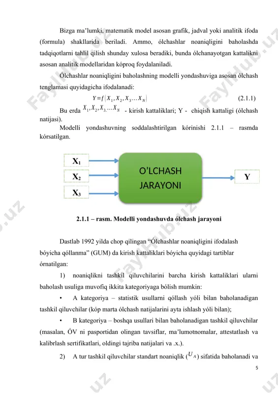 chash jarayoni va uning fizik mohiyatini tushunib yetish muhim omil bólib, noaniqlikni hisoblash va tógʼri baholashni samaradorligi va ishonchliligiga taʼsir qiladi. umumiy holatda aytish mumkinki, kattalikn matematik modellashtirish bu - ólchanayotgan kattalikni qiymatini aniqlashga yónaltirilgan va ólchash jarayonini fizik asosidan kelib chiqib asosiy parametrlarni matematik apparatlar bilan ifodalashdir. 2-mavzu. ólchanadigan kattalik modеli. bilvosita ólchashlarning matеmatik modеli. birgalikda ólchashlarning matеmatik modеli. 2.1. bevosita ólchashda kattalikni matematik modeli bevosita ólchashlar deganda fizikaviy kattaliklarning qiymatlari bevosita olinadigan ólchashlar tushuniladi. ularda ólchanadigan kattalik bevosita kuzatiladigan kattalikka teng deb qabul qilinadi: (2.2.1.) bevosita ólchashlar – ólchashlarning kóproq keng tarqalgan va kóproq oddiy usuli bólib hisoblanadi. bu ólchashlar bilvosita, birgalikda va jamlanma ólchashlarning tarkibiy qismi bólib hisoblanadi. bevosita ólchashlarni bir martalik yoki kóp martalik kuzatishlar yóli bilan ótkazish mumkin. kuzatishlar sonini tanlash ólchashlarning aniqligiga qóyiladigan talablar va ularning natijalariga ishlov berishning yól qóyiladigan mehnat sigʼimi bilan belgilanadi. аmaliyotda bir martalik kuzatish bilan ólchashlar (bir martalik ólchashlar) …