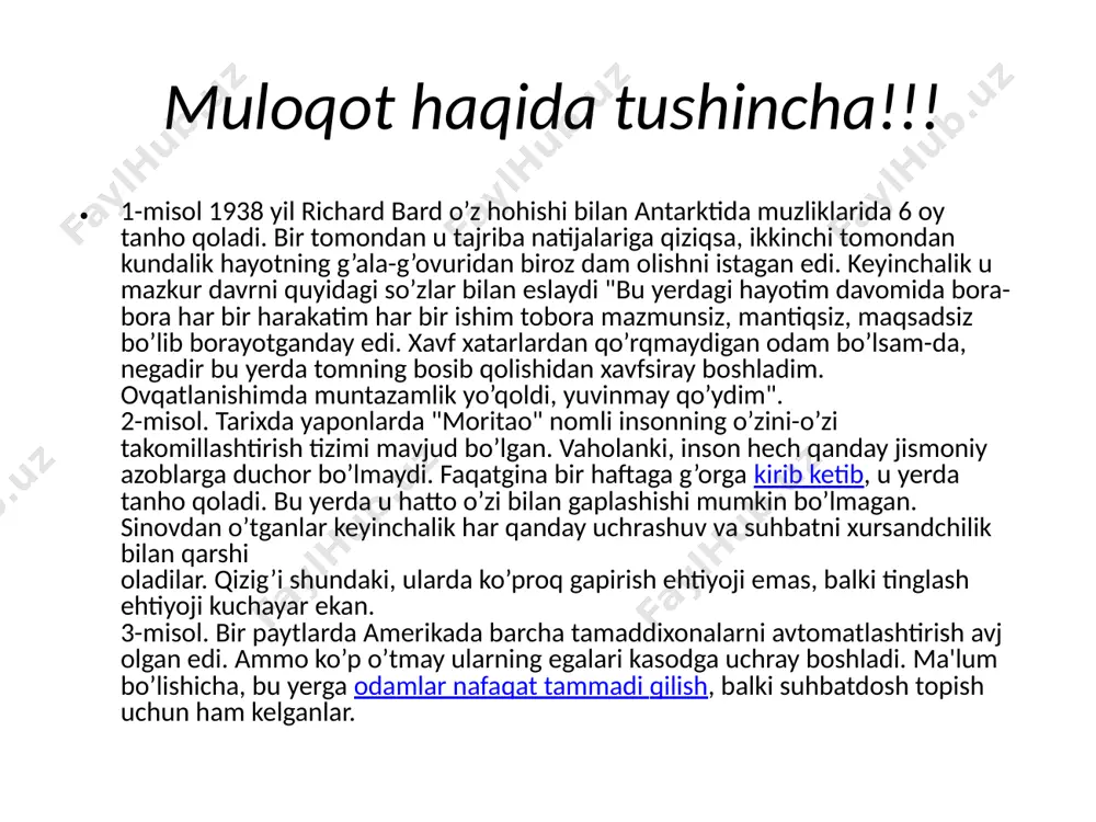 am anglanishi yoki anglanmasligi mumkin. ya’ni, ba’zan biz nima uchun bir shaxsning bizga naqadar kuchli ta’sirga ega ekanligini, boshqa biri esa, aksincha, hech qanday ta’sir kuchiga ega emasligini tushunib yetmaymiz. bu esa pedagogikada muhim muammodir. har bir pedagogning o`z ta’sir uslublari va ta’sir kuchi bo`ladi. o`qituvchi shaxsining bolalarga ta’siri quyidagi eksperimentda juda yaqqol kuzatilgan. boshlang`ich sinf o`quvchilariga anchagina o`yinchoqlar berib, shularning ichida faqat bittasiga, qizil yog`och o`yinchoqqa tegmaslik aytilgan. bolalar yolg`iz qoldirilib, harakatlari pinxona kuzatilgan. juda ko`p bolalar taqiqlangan o`yinchoqqa baribir tegishgan. eksperimentning ikkinchi seriyasida esa endi barcha uyinchoqqa tegish mumkin-u, faqat qizil qutichaning qopqog`ini ochish mumkin emas, deb aytilgan. shu quticha tepasiga esa shu bolalarning o`qituvchisi surati ilib qo`yishgan. bu seriyada birinchisiga qaraganda “ta’qiqni buzuvchilar" soni keskin kamaygan. demak, bu narsa o`qituvchi shaxsining bola harakatlariga ta’sirini yaqqol isbotlab turibdi. muloqot — οdɑmlɑr ο’rtɑsidɑ birgɑlikdɑgi fɑοliyɑt ehtiyοjlɑridɑn kelib chiqɑdigɑn bοg’lɑnishlɑr rivοjlɑnishining kο’p qirrɑli jɑrɑyοnidir muloqot (munοsɑbɑt) birgɑlikdɑ fɑοliyɑt kο’rsɑtuvchilɑr ο’rtɑsidɑ …