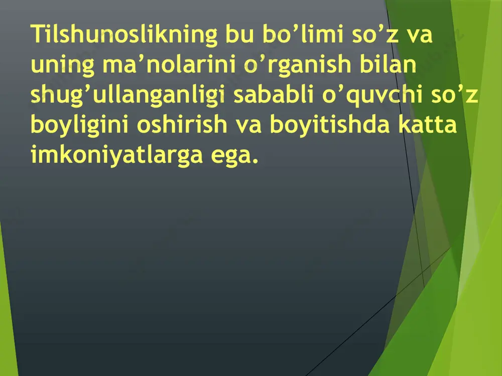 ohida guruhga mansub bo‘ladi. bir ma’nolilik va ko’p ma’nolilik so’zlar bir ma’noli yoki ko’p ma’noli bo’ladi. bir ma’nolilik hodisasi monosemiya deyiladi. bir ma’noli so’zlar monosemantik so’zlar deyiladi. odam, chumchuq, ravish, tuya.. kabi so’zlar bir ma’nolidir. birdan ortiq (bir necha) ma’nolarda keladigan so’zlar ko’p ma’noli so’zlar deyiladi. ko’p ma’noli so’zlar polisemantik so’zlar deyiladi. ko’p ma’noli so’zlar omonim so’zlardan quyidagicha farqlanadi: ko’p ma’noli so’z bir so’zning bir necha ko’chma ma’noda kelishidir. omonim esa bir xil shaklga ega bo’lgan birdan ortiq (bir necha) so’zdir. masalan, o’t (olov), o’t (o’simlik), o’t (harakat), o’t (inson a’zosi). ko’p ma’noli so’zning ma’nolari o’rtasida bog’lanish seziladi. omonim so’zlar ma’nolari o’rtasida yaqinlik sezilmaydi. yangi so’zlar tilda yangi paydo bo’lgan va yangilik belgisi (bo’yog’i) sezilib turadigan so’zlar neologizmlar deyiladi: bakalavr, magistr, litsey, kollej. o’zbek tili lug’at tarkibidagi eski va yangi so’zlar nofaol so’zlar deb, zamonaviy qatlam so’zlari esa faol so’zlar deb nomlanadi. eskirgan so’zlar eskilik bo’yog’iga ega bo’lgan so’zlar eski …