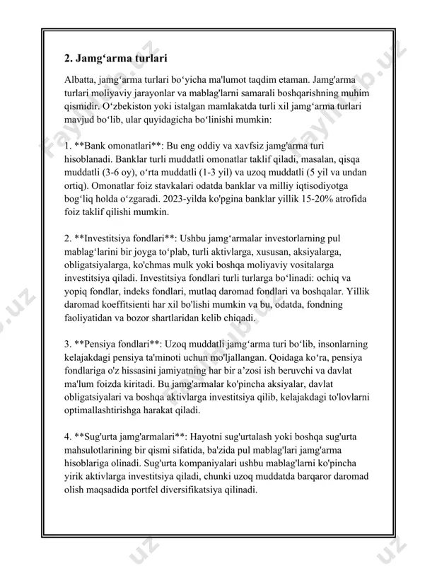 i jamgʻarmalar ijtimoiy sohalarni rivojlantirishga yo'naltiriladi. o'zbekistonning ijtimoiy rivojlanish jamgʻarmasi masalan, ta'lim va sog'liqni saqlash tizimlarini rivojlantirishga zaxira mablag'larini yo'naltiradi. ushbu jamgʻarmacilarning asosiy vazifalaridan biri jamiyatning zaif qatlamlariga yordam berishdir. 3. **infratuzilma loyihalari**: infrastrukturaning mustahkamlanishi va yaxshilanishi uchun jamgʻarmalar tashkil etiladi. misol uchun, o'zbekiston davlat yo'l jamgʻarmasi mavjud bo'lib, bu jamgʻarma mamlakatning yo'l va transport infratuzilmasini yaxshilashga xizmat qiladi. bu jamgʻarma orqali yo'llarni ta'mirlash, yangi yo'llar qurish va boshqa transport vositalarini yangilash kabi loyihalar moliyalanadi. 4. **tabiiy resurslarni asrash va yashil energiya**: ba'zi jamgʻarmalar ekologik barqarorlikni ta'minlash maqsadida tuziladi. misol uchun, gidromet jamgʻarmasi o'zbekistonda ekologik muammolarni bartaraf etishga qaratilgan loyihalarni qo'llab-quvvatlaydi. u suv resurslarini saqlash va qayta tiklanadigan energiya manbalarini rivojlantirish maqsadida faoliyat olib boradi. 5. **innovatsiyalar va texnologik taraqqiyot**: o'ta muhim sohalardan biri sifatida innovatsiyalar va texnologik taraqqiyotga e'tibor qaratiladi. o'zbekiston innovatsiya jamgʻarmasi bu borada muhim rol o'ynaydi. ushbu jamgʻarma ilmiy izlanishlar va yangi texnologiyalarni ishlab chiqish uchun grantlar …