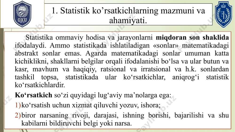 eng muhim tasniflari ustida so‘z boradi.. birlamchi ko‘rsatkich - bu kuzatish ma’lumotlarini jamg‘arish natijasidir. mazkur ko‘rsatkichlar olish usuliga qarab birlamchi va ikkilamchi ko‘rsatkichlarga bo‘linadi. birlamchi ko‘rsatkichlar jamg‘arish natijasida hosil bo‘ladi. ular mutlaq miqdorlar bo‘lib, kuzatish obyekti birliklarining umumiy soni va ularga tegishli belgilar qiymatlarining to‘plama yig‘indisidan iboratdir. belgi mohiyatini aks ettirishiga qarab birlamchi ko‘rsatkichlar to‘g‘ri ko‘rsatkichlarga va teskari ko‘rsatkichlarga bo‘linadi. to‘g‘ri ko‘rsatkich belgi tabiatiga mos ravishda, unga teskari holda o‘zgaruvchi ko‘rsatkich teskari ko‘rsatkich deb ataladi. masalan, vaqt birligida o‘rtacha bir xodim (ishlovchi) yaratgan mahsulot mehnat unumdorligining to‘g‘ri ko‘rsatkichi, mahsulot birligiga sarflangan mehnat (ish vaqti) uning teskari ko‘rsatkichidir. birlamchi ko‘rsatkichlar asosida hisoblanuvchi ko‘rsatkichlar ikkilamchi, ya’ni hosilaviy ko‘rsatkichdir. ikkilamchi ko‘rsatkichlar birlamchi ko‘rsatkichlarga ishlov berish ya’ni ular bilan turli matematik amallarni bajarish hosilasidir. masalan: yalpi paxta hosili (belgi qiymatlari yig‘indisi)ni ekin maydonga (mazkur belgi sohiblari soni, hodisalar to‘plami) bo‘lish natijasida, o‘rtacha hosildorlik aniqlaymiz, ya’ni x=xm: m bu yerda x-har bir gektar paxta maydonidan …