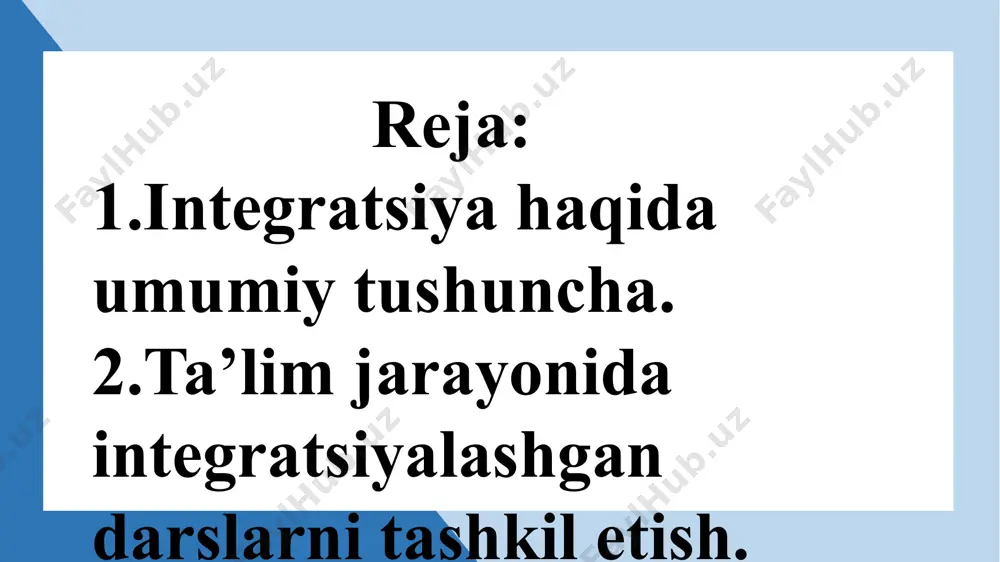 si biolgiya, jismoniy tarbiya va psixologiya fanlarida o‘rganiladi. pedagogik integratsiya: pedagogik integratsiya o‘qitish usullari va yondoshuvlarining o‘zaro uyg‘unlashuvini anglatadi. bu o‘qitishning samaradorligini oshirish, o‘quvchilarning qobiliyatlarini to‘liq rivojlantirish uchun o‘qituvchilar tomonidan turli metodlarni qo‘llashni o‘z ichiga oladi. masalan, o‘yin, guruh ishlari va interaktiv metodlar orqali integratsiya amalga oshiriladi. integratsiyaning afzalliklari: o‘quvchilarga yaxlit bilim berish: integratsiya o‘quvchilarga faqat alohida fanlarni o‘rganishdan ko‘ra, bilimlarni bir-biri bilan bog‘lash va birlashtirish imkonini beradi. bu, o‘quvchilarning dunyoqarashini kengaytiradi va ularning fikrlash darajasini oshiradi. tanqidiy va tizimli fikrlashni rivojlantirish: o‘quvchilarga fanlararo integratsiya yordamida ko‘proq tizimli fikrlashni o‘rgatish mumkin. ular biror muammoni ko‘plab nuqtai nazardan o‘rganib, uni kengroq anglashadi. yaratilish va innovatsiya: integratsiya metodlari o‘quvchilarga yangi g‘oyalar va fikrlarni ishlab chiqishda yordam beradi. bu esa ijodkorlik va yangi yondoshuvlarni yaratish uchun imkoniyatlar yaratadi. o‘quvchilarning shaxsiy rivojlanishiga yordam beradi: integratsiya o‘quvchilarga o‘zining shaxsiy ehtiyojlariga mos ravishda o‘qish va rivojlanishga yordam beradi. bu usul o‘quvchilarning qiziqishlariga asoslangan ta'lim yaratishda samarali. …