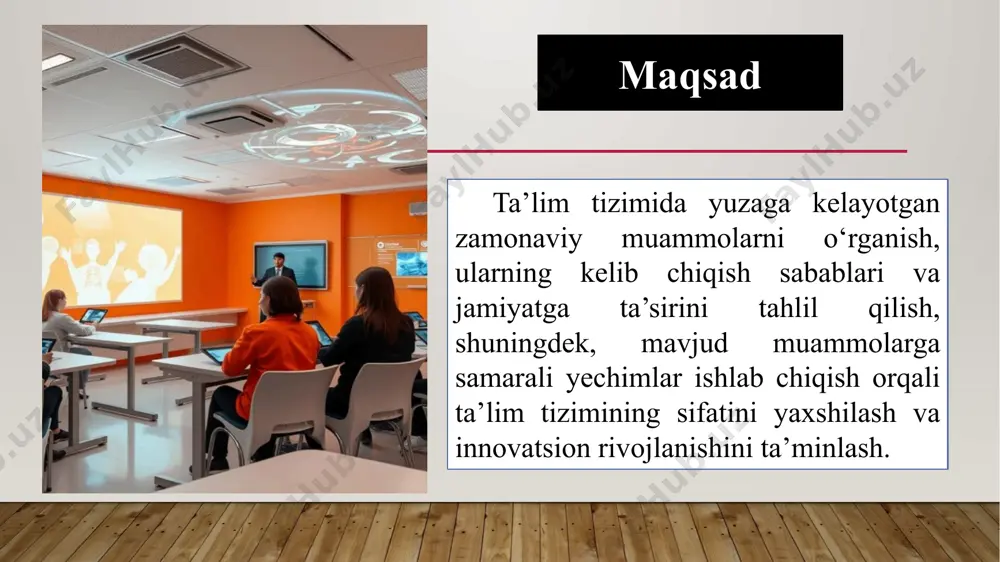 aktablarda psixologik yordam ko‘rsatish tizimini yaratish, stressni boshqarish bo‘yicha maxsus dasturlarni ishlab chiqish. maktab rahbaryati mahalla yettiligi psixolog sinf rahbarlar 2025-2026-oʻquv yili davomida har oyda o‘quvchilarning psixologik salomatligi yaxshilanadi, stress darajasi pasayadi. 3. ta’limda bilim olishda imtihonlarga ortiqcha yuklanish, imtixonlarda faqat test tizimiga yondashish ta’lim jarayonida imtihonlarning stressga olib kelmasligini ta’minlash, bilimini baholashning yangi, ko‘proq amaliy usullarini joriy etish. maktab rahbaryati psixolog sinf rahbarlar 2025-2026-oʻquv yili davomida har oyda o‘quvchilarga ta’lim jarayonida stress darajasi pasayadi, ko‘proq amaliy va kreativ baholash tizimi joriy etiladi. ` xulosa maktablarda ta’lim tizimida mavjud zamonaviy muammolarni hal etish kompleks yondashuvni talab etadi. davlat, o‘qituvchilar, ota-onalar va jamiyatning barcha a’zolarining sa’y-harakatlari bilan ta’lim sifatini oshirish, yosh avlodga zamonaviy bilim va ko‘nikmalarni berish, raqobatbardosh kadrlar tayyorlashga erishish mumkin. prezident shavkat mirziyoyevning ta’lim sohasiga qaratayotgan e’tibori va ilgari surayotgan islohotlar ushbu maqsadlarga erishish uchun muhim poydevor bo‘lib xizmat qiladi. takliflar 1 zamonaviy ta’lim tizimidagi asosiy muammolarni aniqlash: ta’limning …