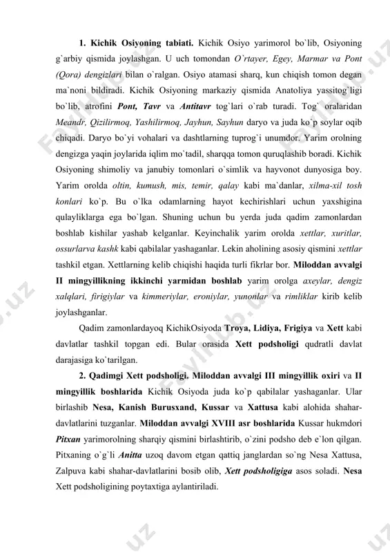 iy qismini birlashtirib, o`zini podsho deb e`lon qilgan. pitxaning o`g`li anitta uzoq davom etgan qattiq janglardan so`ng nesa xattusa, zalpuva kabi shahar-davlatlarini bosib olib, xett podsholigiga asos soladi. nesa xett podsholigining poytaxtiga aylantiriladi. miloddan avvalgi 1680–1650-yillarda hukmronlik qilgan laborna (taborna) mamlakatni birlashtirishni oxiriga yetkazadi. u mamlakatning ko`p joylari va qora dengizning janubiy sohillarigacha bo`lgan yerlarni iste`lo qiladi. ularni xett davlati tarkibiga qo`shib oladi. u poytaxtni nesodan xattusaga ko`chiradi. podsho xattusili i (1650-1620) va mursili i (1619-1590) davrlarida xett podsholigi kuchayib, xett qo`shinlari shimoliy suriyadagi xalap va bibl shaharlarini bosib oladilar. shu davrda mamlakat ichkarisida qullar va kambag`allar qo`zg`olon ko`targanlar. xett podsholari saroyida fitna kuchayib xattusili i ga nisbatan suiqasd uyushtirilib u o`z kuyovi tomonidan oidiriladi. podsho telepen davrida (1520–1490) xett podsholigi bir oz kuchaygan. lekin telepen vafotidan so`ng podsholik kuchsizlanib inqirozga uchragan. 3. o`rta xett podsholigi. telepen vafotidan keyin, uning o`g`il-lari o`rtasida toj-taxt uchun kurash boshlanadi. bu davr miloddan avvalgi …