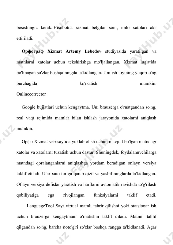 a katta formatda chop etish mumkin. lekin ms word - ayrim kamchiliklar dan ham holi emas. masalan: matematik ifodalar va kimyoviy formulalarni kiritishda katta qiyinchiliklar mavjud. bundan tashqari, juda murakkab strukturali poligrafik (atlaslar, albomlar va jurnal muqovalari) materiallarini tayorlashda noqulaylik yuzaga keladi. shunday qilib, word matn muxarriri komagida rus va ingliz tilida xar xil xujjatlar, xat, xisobot, maqola, tijorat xabarlari kabi bir turkum matnli malumotlarni zudlikda tayorlash va chop qilish mumkin. ingliz tili (ingl. english) - hind-yevropa oilasining german guruhiga kiruvchi til. ingliz xalqining tili. avstraliya, aqsh, birlashgan qirollik, hindiston, irlandiya, jar, kanada, liberiya, malta va yangi zelandiyaning rasmiy tili. 3. microsoft word matn muxarriri va uning imkoniyatlari bu matn muxarriri yordamida ozbek shriftida va lotin alifbosi asosida, ozbek tilida xar xil malumotlarni osonlik bilan tayorlash mumkin. word matn muxarriri imkoniyatlari. -matnni kiritish, taxrir qilish va kozdan kechirish; -qator oraliqlari abzatsini ornatish; -avtomatik tarzda matnni saxifalarga bolish; -matn qismni ajratish …