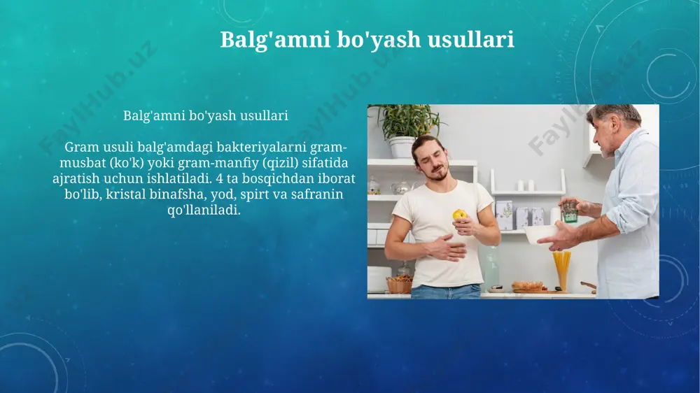 a chidamli bakteriyalarni aniqlash uchun ishlatiladi. ushbu usulda sarflanadigan reagentlar: karbol fuksin, 3% xlorid kislota spirtli eritmasi va metilen ko'ki 1% eritmasi qo'llaniladi. gastrik sharbatni bo'yash usullari e'tiboringiz uchun rahmat @taqdimot_robot image3.png image4.jpg image5.jpg image6.jpg image7.jpg image8.jpg image9.jpg image10.jpg image11.jpg image12.jpg image13.jpg image14.jpg image15.jpg image16.jpg image17.jpg image18.jpg