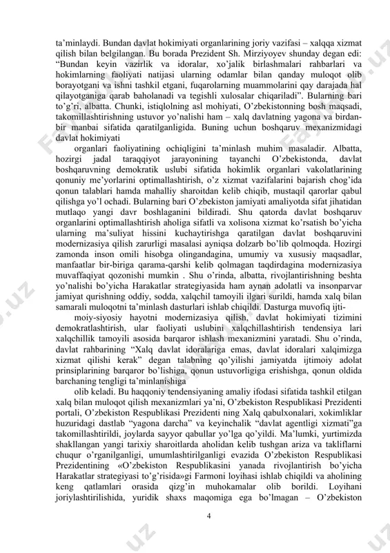 ri bo’lib, unda hokimiyatlar bo’linishi tamoyilini hayotga izchil tadbiq etish, ular o’rtasida o’zaro va manfaatlar muvozanatining samarali tizimini shakllantirish kabi dolzarb chora-tadbirlarni ko’rishga qaratilgan edi. hokimiyatlar bo’linishi klassik tamoyilining mazmun - mohiyatini «bir-birini tiyib turish va muvozanatda ushlash» mexanizmining mavjudligi bilan birga, uning real ishlashi tashkil etadi. o’zbekistonda davlat hokimiyatini tashkil etishda hokimiyatni taqsimlanishi tamoyilining konstitusiyaviy asosda qo’lanilishi bizda demokratik tuzumning o’rnatilganligidan dalolat beradi. shu jihati bilan konsepsiya davlatning boshqaruvdagi barcha amaliy harakatlari va doirasini belgilaydi hamda mamlakatning siyosiy hayotida barqarorlik, hokimiyat organlari o’rtasida muvozanat mexanizmini yaratadi. istiqlol yillarida amalga oshirilgan keng miqyosli islohotlar evaziga tajriba to’plandi, tizim yangilandi: totalitar rejimga barham berilib, davlatchilik usul va uslubida rasional yondoshuvlar shakllandi. demokratik tamoyillarga keng yo’l ochildi. shu nuqtai nazardan qat’iy ishonch bilan aytish mumkinki, “buyuk kelajagimizni oliyjanob va mard xalqimiz bilan birga quramiz...”. darhaqiqat, bugungi sharoitlar butunlay yangi davr davlatchiligiga asos solindi deyishimiz mumkin. albatta, hozirgi jadal taraqqiyot jarayonining tayanchi yurtimiz …