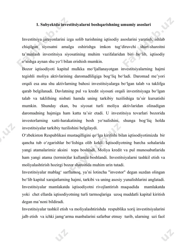 mamlakatda yoki chet ellarda iqtisodiyotning turli tarmoqlariga uzoq muddatli kapital kiritish degan ma’noni bildiradi. investitsiyalar tashkil etish va moliyalashtirishda respublika xorij investitsiyalarini jalb etish va ichki jamg‘arma manbalarini safarbar etmay turib, ularning uzi faol investitsiya ishlari bilan shug‘ullanmay turib, iqtisodiyotning strukturasini tubdan o‘zgartirish vazifasini hal etish qiyin kechadi. investitsiya tashkil etish va moliyalashtirishda asosiy etibor subyektlarning ishlab chiqarishni kengaytirish, binolarni qayta qurish va texnika bilan qurollantirish uchun mablag‘larni qidirib topishni rag‘batlantirishga qaratiladi. hozirgi paytda kapital sarflarni mablag‘ bilan ta’minlash manba’larini tarkibi o‘zgarmoqda. investitsiyalarni tashkil etish va moliyalashtirish davlat tomonidan amalga oshiriladi. bunda investitsiyalar bo‘yicha amal kilayotgan konunlar albatta hisobga olinadi. o‘zbekistonda investitsiyalar agrosanoat kompleksi, yengil sanoat, kimyo va neftkimyo sanoati, mashinasozlik va meditsina soxalariga yunaltirilmoqda. davlat tomonidan investitsiyalarni tashqil etish moliya-kredit siyosatini to‘g‘ri olib borish buning asosida moliyaviy yordamlar, dotatsiya, subsidiya, qarzlar ko‘rinishida ayrim xudud va tarmoqlarning rivoji uchun yunaltirilishi bular hammasi investitsiyalar va moliyaning moddiy asosini tashkil etadi. ivestitsiyalarni …