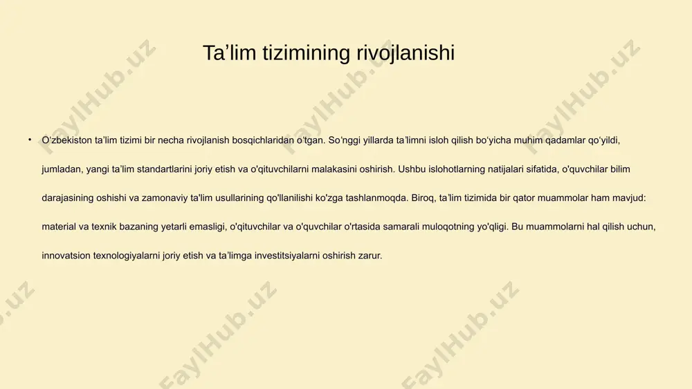 layliklar yaratadi va ularga vaqtni tejash imkonini beradi. oʻquvchilarga taʼsir etuvchi omillar oʻquvchilarga taʼsir etuvchi omillar orasida o'qish sharoitlari, texnologiyalarga kirish va motivatsiya mavjud. masofaviy taʼlim o'quvchilarni mustaqil fikrlashga, o'z vaqtlarini boshqarishga va o'z-o'zini ta'lim olishga undaydi. oʻqituvchilar uchun imkoniyatlar oʻqituvchilar uchun masofaviy taʼlim yangi imkoniyatlar yaratadi. ular turli xil onlayn platformalarda o'z darslarini o'tishlari, o'qitish uslublarini yangilashlari va o'quvchilar bilan yanada ko'proq muloqot qilishlari mumkin. trening va seminarlar oʻqituvchilar uchun trening va seminarlar taʼlim tizimining muhim jihatlaridan biridir. ushbu tadbirlar innovatsion metodlarni joriy etish va oʻqituvchilarning malakasini oshirishga qaratilgan. - **innovatsion metodlarni joriy etish**: oʻqituvchilarni zamonaviy taʼlim usullari va texnologiyalari bilan tanishtirish, oʼquv jarayonini yanada samarali va qiziqarli qilish uchun zarur. - **oʻqituvchilarning malakasini oshirish**: treninglar va seminarlar orqali oʻqituvchilar o'z bilim va ko'nikmalarini yangilab, professionallik darajasini oshirishlari mumkin. bu o'z navbatida talabalarning taʼlim sifati va natijalariga ijobiy taʼsir ko'rsatadi. ushbu tadbirlar taʼlim tizimining rivojlanishiga va oʼqituvchilarning kasbiy o'sishiga …