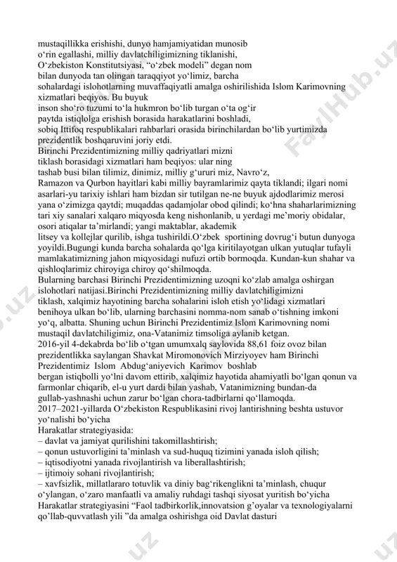 iyot yo‘limiz, barcha sohalardagi islohotlarning muvaffaqiyatli amalga oshirilishida islom karimovning xizmatlari beqiyos. bu buyuk inson sho‘ro tuzumi to‘la hukmron bo‘lib turgan o‘ta og‘ir paytda istiqlolga erishish borasida harakatlarini boshladi, sobiq ittifoq respublikalari rahbarlari orasida birinchilardan bo‘lib yurtimizda prezidentlik boshqaruvini joriy etdi. birinchi prezidentimizning milliy qadriyatlari mizni tiklash borasidagi xizmatlari ham beqiyos: ular ning tashab busi bilan tilimiz, dinimiz, milliy g‘ururi miz, navro‘z, ramazon va qurbon hayitlari kabi milliy bayramlarimiz qayta tiklandi; ilgari nomi asarlari-yu tarixiy ishlari ham bizdan sir tutilgan ne-ne buyuk ajdodlarimiz merosi yana o‘zimizga qaytdi; muqaddas qadamjolar obod qilindi; ko‘hna shaharlarimizning tari xiy sanalari xalqaro miqyosda keng nishonlanib, u yerdagi me’moriy obidalar, osori atiqalar ta’mirlandi; yangi maktablar, akademik litsey va kollejlar qurilib, ishga tushirildi.o‘zbek sportining dovrug‘i butun dunyoga yoyildi.bugungi kunda barcha sohalarda qo‘lga kiritilayotgan ulkan yutuqlar tufayli mamlakatimizning jahon miqyosidagi nufuzi ortib bormoqda. kundan-kun shahar va qishloqlarimiz chiroyiga chiroy qo‘shilmoqda. bularning barchasi birinchi prezidentimizning uzoqni ko‘zlab amalga oshirgan …