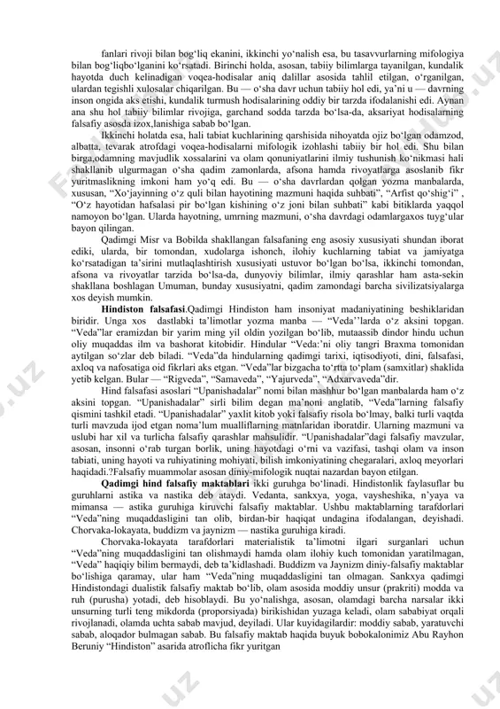m iz sivilizatsiyasining sharq sivilizatsiyasi quchog‘ida voyaga yetgani va uning qadriyatlarini o‘zida aks ettirganini, unga va butun dunyo madaniyatiga ulkan ta’sir ko‘rsatganini doimo esda tutish darkor. sharq madaniyati taraqqiyotining ilk davrlari deganda, ko‘pgina mutaxassislar bizning vatanimiz o‘tmishini, misr, bobil yea insoniyat tarixining eng qadimgi sivilizatsiyalaridan biri bo‘lgan shumer davrlarini esga oladi. bularning har biri insoniyat tarixida jamiyat hayoti, qadriyatlar tizimining o‘ziga xosligi, boshqarish va iqtisodiy jarayonlarning muayyan tarzda namoyon bo‘lishi bilan tavsiflanadi. ushbu madaniyat o‘choqlari haqida maktab ta’limi jarayonida “eng qadimgi tarix” darsliklari orqali ma’lumot berilgan. zukko talabalar o‘sha davrlarda qanday siyosiy jarayonlar kechgani, qanday podsholik va imperiyalar bo‘lganini yaxshi biladi. biz bugun o‘sha davrlardagi falsafiy dunyoqarash, qadimgi ajdodlarimizning fikr-mulohazalari, o‘ziga xos ta’limotlarining asosiy tamoyillari bilan yaqinroq tanishmoqchimiz. ko‘hna sharq sivilizatsiyasining beshiklaridan biri bo‘lgan misr, qadimgi zamonda ilk o‘troq hayot va o‘ziga xos dehqonchilik an’analari boshlangan nil daryosi bo‘ylaridagi madaniyat dunyo olimlari diqqatini tortib keladi. qadimgi misr va bobil falsafasi. …