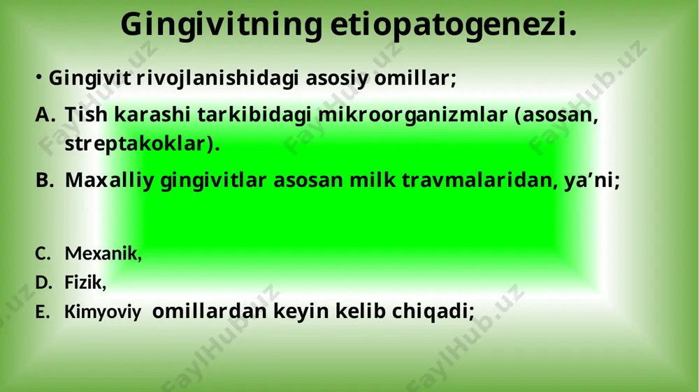 fosit, plazmatik hujayralar va makrofaglarni ushlovchi granulyasion to’qimadan iborat bo’lib, yuzasi ko’p qavatli yassi epiteliy bilan qoplanadi, yassi epiteliy granulyasion to’qima ichiga o’sib kiradi. tish ildizi soxasida gipersementoz, pulpada esa reaktiv o’zgarishlar (distrofiya va atrofiya) kuzatiladi. rentgenologik tekshiruvlar natijasida tish katakchasi yemirilishining 4 darajasi ajratiladi. i-daraja – tish katakchalari suyagining yemirilish, tish ildizining ¼ oshmaydi. ii-daraja – tish katakchalari suyagining yemirilish, tish ildizining 2/4 qismini egallaydi. iii-daraja – tish katakchalari suyagining yemirilish, tish ildizining 2/3 qismini egallaydi. iv-daraja - – tish katakchalari suyagi to’liq yemiriladi, tish paradont yumshoq to’qimasi ichida erkin joylashadi va tushib ketadi. paradontitning oqibati va asoratlari: 1. aleolyar o’siqning atrofiyasi. 2. tishlarning qimirlab qolishi va tushishi. 3. yiringning qonga o’tishi (sepsis, septikopiyemiya) paradontoz – surunkali kechuvchi, birlamchi-distrofik xarakterdagi paradont kasalligi. paradont kasalliklarining 4-5% ini tashkil qiladi. aksar xollarda tishning nokaroiz kasalliklari (emal eroziyasi, ponasimon nuqson) bilan qo’shilib keladi. sabablari; noaniq. parodontitni keltirib chiqaruvchi sabablar paradantoz uchun asos …