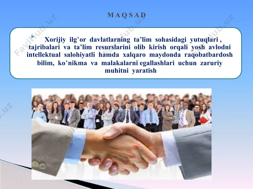 i, zamonaviy pedagogik texnologiyalar va innovatsion yondashuvlarni maktabga joriy etish imkonini beradi 2 o‘qituvchilar ning xalqaro seminarlarda, treninglarda va tajriba almashish dasturlarida ishtiroki ularning kasbiy rivojlanishiga va ilg‘or metodikalardan foydalanishiga xizmat qiladi. 3 maktabning xorijiy ta’lim tashkilotlari bilan samarali hamkorligi o‘quvchilarni jahon hamjamiyatida raqobatbardosh yoshlar bo`lib yetishishida muhim rol o‘ynaydi. t a k l i f 1. hamkorlik strategiyasini ishlab chiqish 2. xorijiy ekspertlar va o‘qituvchilar bilan ishlash 3.xalqaro hamkorlikda qo‘shma loyihalar xorijiy ta’lim tashkilotlari bilan hamkorlikni yo‘lga qo‘yish bo‘yicha aniq strategik reja ishlab chiqish, hamkorlikning maqsad va vazifalarini belgilash (o‘quv dasturlari almashinuvi, o‘qituvchilar malakasini oshirish, erasmus+, british council, unesco, unicef, usaid, jica kabi tashkilotlarning grant va dasturlarida qatnashish. xorijiy maktablar bilan o‘quvchi va o‘qituvchi almashinuv dasturlarini tashkil etish xorijiy o‘qituvchilar va mutaxassislarni dars berish uchun jalb qilish. maktab o‘qituvchilari uchun xorijiy ta’lim tashkilotlari bilan onlayn va oflayn seminarlar, treninglar tashkil etish.xorijiy ta’lim platformalari bilan hamkorlikni rivojlantirish (coursera, udemy, edx, …