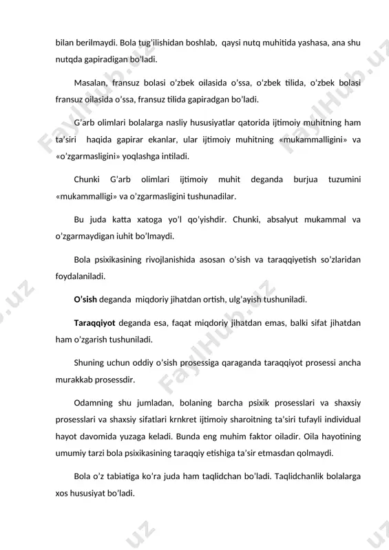 a jiddiy ziddiyat yuzaga keladi. bola ana shu ziddiyatni, ana shu qarama-qarshilikni hal etish jarayonida psixik jihatdan taraqqiy etadi. m: bog’cha yoshidagi bolalarning tili endi chiqayotgani bo’ladi. ular so’zlarni to’g’ri talaffuz eta olmaydi. shu sababli bu yoshdagi bolalarning tilini hamma ham bemalol tushuna olmaydi. lekin bolaning mustaqil yura olishi, o’zgalarning nutqiga tushunishi, unda brshqalar bilan faolroq munosabatda bo’lishi ehtiyojini sezadi. biroq bolaning hozirgi taraqqiyot darajasi imkoniyatlari ya’ni o’z zonisining nihoyatda ozligi, talaffuzda qiynalishi, atrofdaglar bilan faolroq munosabatda bo’lish ehtiyojini qonira olmaydi. bolaning eski xulq-atvor formalari bilan yangi hatti-harakatlari, yangi tashabbuslari o’rtasidagi qarama-qarshilik, m: bolaning kichiklik davridagi asosiy faoliyati kattalarga taqlid qilishdan iborat bo’ladi. taqlidiy harakatlarda mustaqillik, tashabbuskorlik diyarli bo’lmaydi. bola o’sib ulg’aygan sari o’z shaxsiy tajribasi, mustaqilligi tashabbusi ortib boradi. bola mustaqil harakat ya’ni har narsani o’zi bilishicha qilishga intila boshlaydi. bunda bolaning ko’pdan beri o’rganib qolgan taqlidiy harakatlari bilan mustaqil va tashabbuskorona harakatlari o’rtasida qarama-qarshilik yuzaga keladi. bu qarama-qarshilikni …