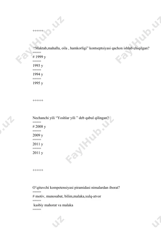 tiq, uni saklashga yordam beradi, kоllektivdagi urnini belgilaydi +++++ “maktab, oila, mahalla hamkorligi” kontseptsiyasining maqsad va vazifalari nimalardan iborat? ==== # yoshlarni milliy istiqlol g’oyalariga sadoqatli ma’naviy barkamol vatanparvarlik ruhida tarbiyalash ==== yoshlar sportini ommaviy rivojlantirish tizimini yaratish, vatanparvarlik ruhida tarbiyalash ==== vositalar tavsiyalar ishlab chiqishdan iborat, vatanparvarlik ruhida tarbiyalash ==== xuquq va manfaatlarini himoyalashga qaratilgan ish, vatanparvarlik ruhida tarbiyalash +++++ o`qituvchining notiqlik qobiliyatiga berilgan tahrif qaysi banda tugri ko’rsatilgan? ==== # o`qituvchining tarbiyalanuvchi ichki duyosiga kira оlish qobiliyati ==== to`g’ri talaffuz qila оlishi ==== to`g’ri muоmala qila оlish qobiliyati ==== no’tiq erdamida o’z fikr-tuyg’ularini aniq va ravshan ifоdalash qobiliyati +++++ kasbiy kompetensiya modeli o’z ichiga nimalarni oladi? ==== # kasbiy qadriyat va ustanovka, kasbiy bilim va tushuncha, kasbiy ko’nikma va malaka ==== kommunikatsiya nutqiy, ijtimoiy –madaniy, tilni chuqur bilish, kasbiy ko’nikma va malaka ==== ijodiy faoliyatda o’zi o’zlashtirgan bilim, ko’nikma, malakalarni, analiz va sintez qilish ==== pedagogik faoliyatini muvofiqlashtirish …