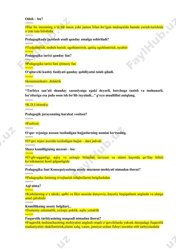 bi va fikri asosida dunyoviy,.hayotiy haqiqatlarni anglashi va ularga amal qilishidir ==== komillikning asosiy belgilari... #jismoniy salomatlik, axloqiy poklik, aqliy yetuklik ==== fuqarolik tarbiyasining maqsadi nimadan iborat? #fuqarolik tushunchasining mohiyatini anglash orqali o‘quvchilarda yuksak darajadagi fuqarolik madaniyatini shakllantirish,ularni xalq, vatan, jamiyat uchun fidoyi insonlar etib tarbiyalashdir maktab ta’limi qaysi asosiy hujjatlar asosida amalga oshiriladi? ==== #o‘quv predmetlari, o‘quv rejasi, dasturi, darslik ==== mehnat tarbiyasining maqsadi? ==== o‘quvchilarda mehnatga ongli munosabatni shakllantirish ==== ~shaxs xarakterining asosiy xislati sifatida uning mehnatga bo’lgan ehtiyojini shakllantirish ==== ~yosh avlodda mehnat qilish istagini qaror toptirish va ularni zamonaviy ishlab chiqarishning turli sohalarida faoliyat yuritishga tayyorlash; ==== barchasi to’g’ri ++++ …………yosh avlodda iqtisodiy bilim va ko‘nikmalarni rivojlantirish, ularni tejamkorlik, mehnatsevarlik, tashabbuskorlik, iqtisodiy faoliyatni yo‘lga qo'yish to’g‘risida fikrlashga o'rgatadi. ==== #iqtisodiy tarbiya ==== mеhnat faoliyatining asosiy turlari ==== #barchasi to’g’ri ++++ badantarbiya mashqlari tartibi va yo‘li bilan bajarilsa, nimaga erishiladi? ==== #fikr uyg‘unlashadi, qon yurishadi, hazm yaxshilanadi, …