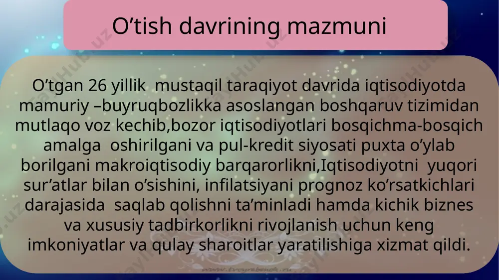 noyabr) xulosa va takliflar xulosam shundan iboratki bozor iqtisodiyotida tovar-pul munosabatlarining rivojlanishi natijasida vujudga kelib,bozor munosabatlari subyektlari o’zaro bog’liq holda va aloqada bandlik,milliy daromad va ishlab chiqarishning umumiy hajmi kabi ijtimoiy ishlab chiqarish natijalarini aks etiradigan va doimiy harakatda bo’ladigan daromadlar va xarajatlar oqimini shakillantirishdir. foydalanilgan adabiyotlar 1.karimov i.a iqisodiyotni erkinlashtirish va islohatlarni chuqurlashtirish-eng muhim vazifamizdir.t.:o’zbekiston 2000 2.shodmonov sh.sh (iqtisodiyot nazariyasi) 3.mirziyoyev shavkat miramonovich “o’zbekiston iqtisodiy isloxotlarni chuqurlashtirish yo’lida” 4.2017-2021 yillarda o’zbekiston respublikasini rivojlantirishning beshta ustuvor yo’nalishi bo’yicha xarakatlar strategiyasi 5.razzoqov a.iqtisodiy ta’limotlar 6.bekmurodov a.sh,g’aforov u.v. o’zbekiston – iqtisodiyotini moderenizatsiyalash hamda islohatlarni yangi va yuksak bosqich yo’lida:o’quv qo’lanma 7.ijtimoiy tarmoqlar 1)lex.uz 2)gov,uz 3)stat,uz 8.enternet tarmoqlari 1)kun.uz 2)daryo,uz image2.jpg image3.jpeg image4.jpg image5.jpg image6.jpg image7.jpg image8.png image9.jpg /docprops/thumbnail.jpeg
