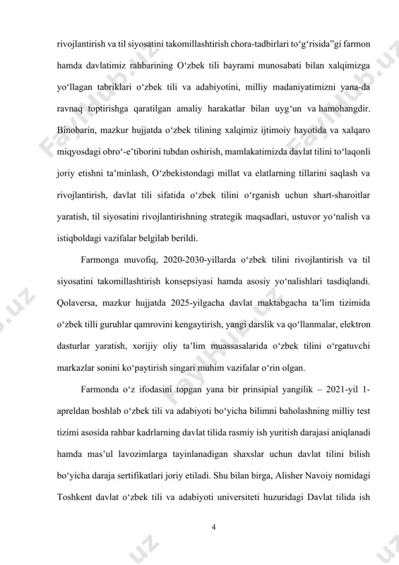elajak bunyodkori” kabi turkum koʻrsatuv va eshittirishlarni tashkil qilib, muntazam ravishda efirga uzatib borilishini taʼminlaydi. aytish mumkinki, har qaysi xalq yoki millatning maʼnaviyatini uning tarixi, oʻziga xos urf-odat va anʼanalari, tili, madaniyati va qadriyatlaridan ayri holda tasavvur etib boʻlmaydi. xalqning vatani, davlati kabi yana bir buyuk, ehtimolki, birlamchi boyligi bor. bu – uning tili. aynan til odamlar guruhini bir millat sifatida biriktiradi, yaʼni xalqni – xalq, millatni – millat qiladi. buyuk mutafakkir shoirimiz alisher navoiy bobomiz aytganlaridek, «koʻngil qulfi maxraning qulfi til va gulfin kalitin soʻz bil». yaʼni, inson qalbining xazinasi til, bu qalb xazinasining kaliti soʻzdir. oʻzbek tilining soʻzlari shu qadar maʼnoli, boyki, bitta maʼnoga ega boʻlgan tushunchani, bir necha soʻzlar orqali ifodalash mumkin. masalan, birgina koʻz soʻzining bir necha maʼnolari bor. bilamizki bir tushunchaga tegishli soʻz, bir necha soʻzlar bilan ifodalansa, yaʼni sinonim soʻzlari qanchalik koʻp boʻlsa, ayni shu til boy til hisoblanadi. davlatimiz rahbarining bmt bosh assambleyasining …