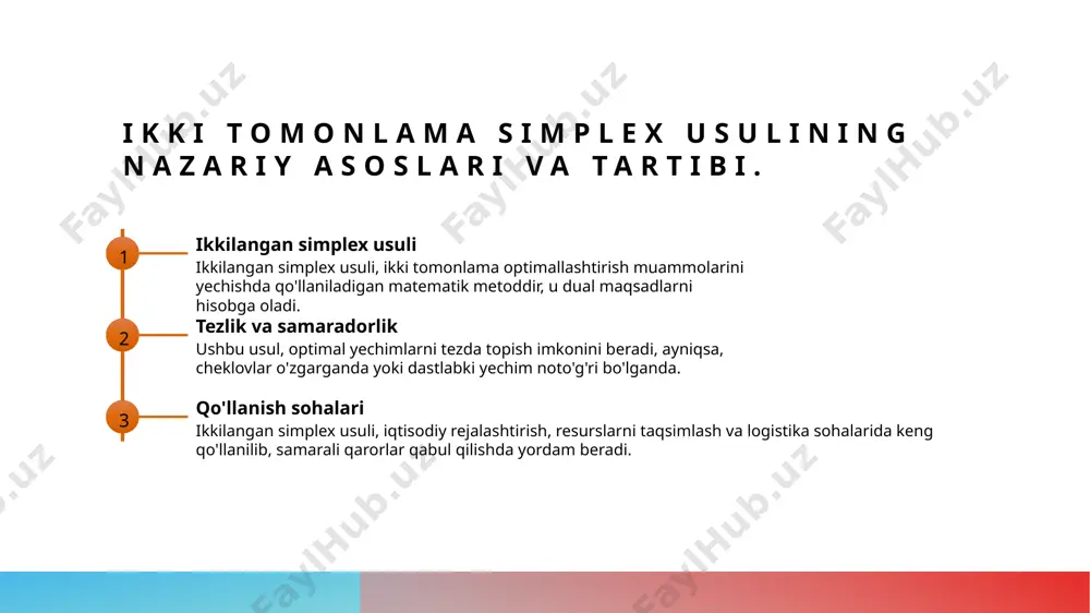 - amaliyotda optimallashtirish strategiyalari real hayot muammolarini hal qilishda qo'llaniladi. bu samarali qarorlar qabul qilishga yordam beradi va raqobatbardoshlikni oshiradi. operatsion tadqiqotlarda ikki tomonlama simplex usulining o'rni va ahamiyati. 1 ikki tomonlama simplex usulining ahamiyati ikkilangan simplex usuli operatsion tadqiqotlarda optimal yechimlarni topishda muhim vosita bo'lib, resurslardan samarali foydalanishni ta'minlaydi. 2 amaliyotdagi qo'llanilishi ikkilangan simplex usuli ishlab chiqarish, transport va xizmat ko'rsatish sohalarida keng qo'llanilib, muammolarni tez va samarali hal etishga yordam beradi. 3 qaror qabul qilish jarayoni ushbu usul qaror qabul qilish jarayonida dual muvofiqlikni ta'minlab, strategik rejalashtirishda aniq va asoslangan natijalar olishga imkon yaratadi. ikkilangan simplex usulining real hayotdagi qo'llanilishi va muvaffaqiyatli misollar. iqtisodiy soha transport muammolari energiya resurslari ikkilangan simplex usuli, iqtisodiy sohada resurslarni optimal taqsimlash uchun qo'llaniladi, masalan, ishlab chiqarish va taqsimlash jarayonlarida. ushbu usul, transport muammolarini hal qilishda yordam beradi, masalan, yuklarni optimal ravishda taqsimlash va xarajatlarni kamaytirish uchun. energiya sohasida, ikkilanma simplex usuli energiya …