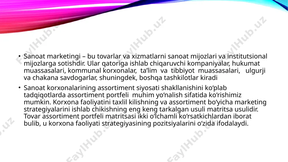 onamiz mahsulotlar sotishda raqobatchi korxonaga nisbatan yuqori ko‘rsatkichga ega. 2-jadval “jomboy don mahsulotlari” ajning va raqobatchi korxonaning bozor ulushi haqida ma’lumot (2019 yil holati) xizmatlar nomeri ko‘rsat- kichlar un omixta yem non va makaron urug‘-lik biomah-sulot va broyler tarmoq ning o‘sish sur’ati 1,1 0,9 1,0 0,8 1,1 “jomboy don mahsulotlari” ajning nisbiy bozor ulushi 1,8 0,8 1,5 1,6 0,6 umumiy sotish hajmida xizmat larning ulushi 76,6 19,7 3,4 0,2 0,2 bkg matritsasidan foydalanilgan holda “jomboy don mahsulotlari” ajning tovarlar strategiyasini aniqlash va shakllantirish masalasini qo‘yamiz. buning uchun oldindan mahsulot turlari bo‘yicha bozorning o‘zgarish sur’atini va bozorning nisbiy ulushini jadval ma’lumotlariga asosan aniqlab olamiz. tarmoqning o‘sish sur’atini aniqlash uchun oxirgi 2019 yilgi savdo hajmi, undan oldingi 2018 yilgi savdo hajmiga bo‘linadi. bozorning nisbiy ulushini aniqlash uchun korxona bozori ulushi darajasi raqobatchining bozor ulushi darajasiga bo‘linadi. bu tadqiqotlar natijasida olingan ma’lumotlarni quyidagi jadvalga qo‘yamiz. 3-jadval bkg matritsasini qurish uchun ma’lumotlar koordinatalar tekisligida …