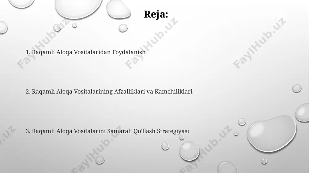 aloqani o'rnatish va chuqurroq tushunishni ta'minlaydi, bu esa 10% ga yaqin muloqot samaradorligini oshiradi. raqamli aloqa vositalaridan foydalanish 20% ga yaqin odamlarda ijtimoiy izolyatsiyani va 30% da ruhiy tushkunlikni kuchaytirishi mumkinligi isbotlangan. raqamli aloqa vositalaridan foydalanishning afzalliklari raqamli marketing vositalaridan foydalanish, maqsadli auditoriyaga aniq yetkazib berish imkoniyati bilan, konversiya stavkasini 30% gacha oshirishga yordam beradi. raqamli aloqa vositalari, masalan, elektron pochta va xabar almashish platformalari orqali 24/7 mijozlar bilan aloqani ta'minlaydi, bu esa biznes samaradorligini 15-20% ga oshirishga yordam beradi. onlayn videokonferensiyalar yordamida 100 dan ortiq ishtirokchilarni bitta platformada birlashtirish mumkin, bu esa vaqt va mablag'larni tejashga imkon beradi. raqamli aloqa vositalarining kelajagi metavers texnologiyalarining keng tarqalishi bilan 2030-yilga kelib raqamli aloqa vositalarining bozor hajmi taxminan 2 trillion dollarga yetishi kutilmoqda, bu esa yangi biznes imkoniyatlarini yaratadi. kvant hisoblash va sun'iy intellektning rivojlanishi raqamli aloqa vositalarining xavfsizlik darajasini sezilarli darajada oshiradi, bu esa kiberhujumlar sonini 30% ga kamaytirishi mumkin. raqamli …