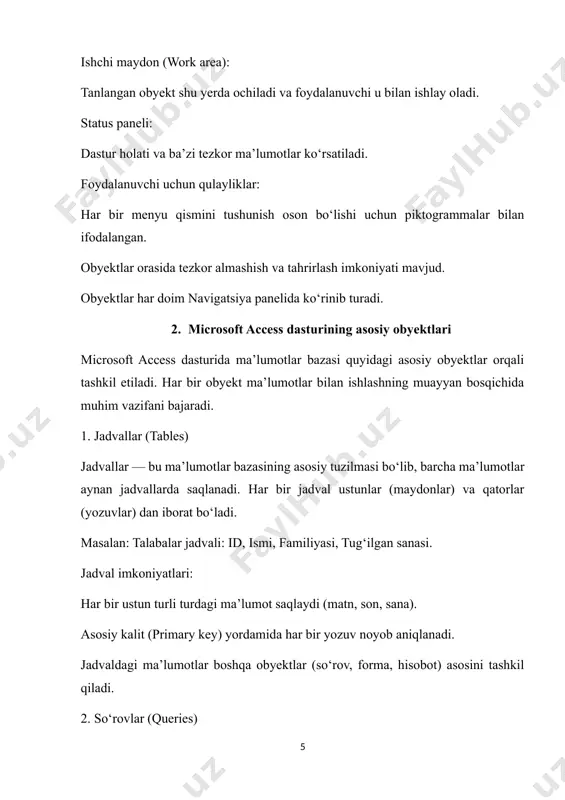 ishdan oldin oldindan ko‘rib chiqish imkoniyati mavjud. 5. makroslar (macros) va modullar (modules) makroslar: accessda avtomatlashtirilgan amallarni bajarish uchun ishlatiladi. masalan, forma ochilganda avtomatik hisobot chiqishi. modullar: visual basic for applications (vba) kodlarini o‘z ichiga oladi va murakkab dasturiy ishlarni bajaradi. xulosa: microsoft access dasturining asosiy obyektlari — jadvallar, so‘rovlar, shakllar, hisobotlar, makroslar va modullar — foydalanuvchiga ma’lumotlar bilan samarali ishlash imkonini beradi. har bir obyekt o‘z funksiyasi orqali axborot bazasini to‘liq boshqarish tizimini yaratishga xizmat qiladi. 3. asosiy obyektlar bilan amaliy ishlash 1. jadval yaratish va ma’lumot kiritish bosqichlar: access dasturini ishga tushiring. yangi ma’lumotlar bazasini yarating: file → new → blank database → create. table (jadval) obyektini tanlang. design view rejimida: ustunlar (maydonlar) nomlarini kiriting (masalan: id, ism, familiya, tug‘ilgan sana). har bir ustun uchun ma’lumot turini belgilang (text, number, date/time). id ustunini primary key qilib belgilang. jadvalni saqlang (masalan, nomini “talabalar” deb yozing). datasheet viewga o‘ting va …