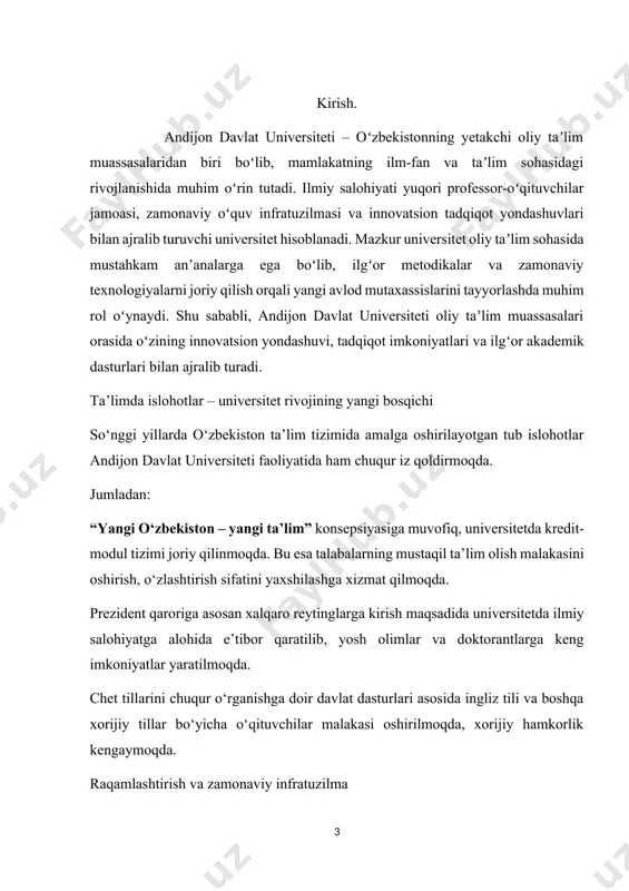 i”, “talaba-yoshlar akademiyasi”, “innovatsion ilmiy klublar” orqali talabalar o‘z g‘oyalarini amaliyotga tatbiq etmoqda. bu esa ta’lim bilan ishlab chiqarish integratsiyasini mustahkamlashga xizmat qiladi. xalqaro hamkorlik – rivojlanish kaliti bugungi kunda adu germaniya, rossiya, xitoy, janubiy koreya, qozog‘iston kabi davlatlarning nufuzli universitetlari bilan ilmiy-akademik aloqalarni yo‘lga qo‘ygan. xorijiy professorlar ishtirokida mahorat darslari, birgalikdagi ilmiy maqolalar, qo‘shma magistratura va doktorantura dasturlari amalga oshirilmoqda. andijon davlat universiteti – nafaqat o‘tmishdagi an’analarga ega oliy o‘quv yurti, balki hozirgi zamon talablari asosida yangilanayotgan, global ta’lim maydonida o‘z o‘rnini mustahkamlab borayotgan maskandir. ta’limdagi islohotlar to‘lqinida adu ilm-fan, innovatsiya va raqamli taraqqiyot sohalarida yuksalib borayotgan bilim dargohidir. andijon davlat universiteti marketing va talabalar amaliyoti bo'limida ichki mehnat tartib qoidalari bilan tanishib chiqish andijon davlat universiteti marketing va talabalar amaliyoti bo‘limida amaliyotimni o‘tash davomida men birinchi navbatda mazkur bo‘limda amal qilinadigan ichki mehnat tartib qoidalari bilan tanishdim. bo‘lim rahbari tomonidan menga universitet miqyosida joriy etilgan mehnat intizomi, jamoa …