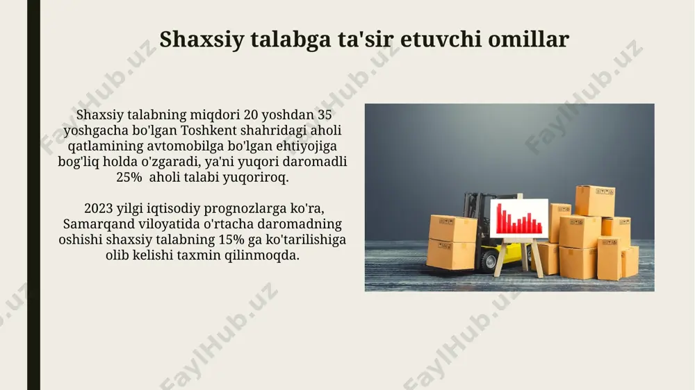 i 2022-yilda samarqand viloyatida 5000 ta yangi uy-joy qurilishi rejalashtirilgan bo'lib, bu bozor talabining o'sishiga va shu bilan birga, qurilish materiallari va ishchi kuchi bozoriga bo'lgan talabning ko'payishiga olib keladi. shaxsiy talabning o'zgarishi, masalan, 1000 nafar toshkent aholisining yangi avtomobilga bo'lgan ehtiyojining oshishi, umumiy bozor talabiga to'g'ridan-to'g'ri ta'sir ko'rsatadi va avtomobil narxlarini oshirishi mumkin. bozor talabining ta'rifi bozor talabining egri chizig'i narx va miqdor o'rtasidagi teskari bog'liqlikni aks ettiradi; masalan, narx 20% ga oshsa, talab 15% ga kamayishi mumkin. 2023-yilgi ma'lumotlarga ko'ra, o'zbekistonning avtomobil bozoridagi talabning o'sishi, xususan, andijon viloyatida yangi yo'llar qurilishi bilan bog'liq. talabning elastikligi va inelastikligi talabning narx elastikligi toshkent shahridagi olma bozorida 0,5 ga teng bo‘lsa, bu inelastik talabni, ya’ni narx o‘zgarishiga nisbatan talab miqdorining sezgir emasligini ko‘rsatadi. agar farg‘ona viloyatida paxta talabining narx elastikligi -2 bo‘lsa, bu yuqori elastik talabni, ya’ni narxning 1% o‘zgarishlari talab miqdorini 2% ga o‘zgartirishi mumkinligini anglatadi. e'tiboringiz uchun rahmat @taqdimot_robot …