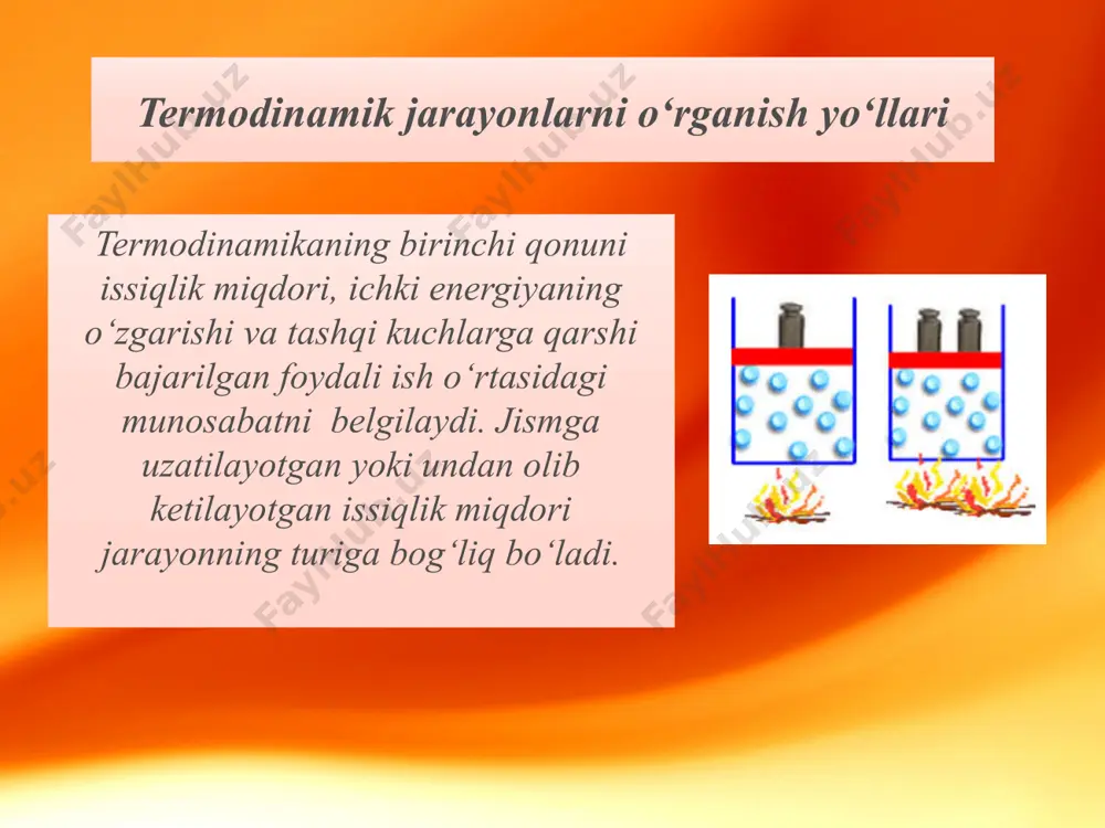 holda kechadigan termodinamik jarayon adiabatik jarayon deyiladi. jarayonning egri chizig‘i adiabata deyiladi ammo tez kechadigan jarayonlarni adiabatik jarayon deb qarash mumkin. pvk=const. adiabata tenglamasi quyidagicha bo‘ladi: politrop jarayon tizim (ideal gaz) ning solishtirma issiqlik sig‘imi (c=const) o‘zgarmas bo‘lgan termodinamik jarayon politrop jarayon deyiladi. jarayon egri chizig‘i politropa deyiladi (6-rasm). termodinamik jarayon ta’rifidan ko‘rinib turibdiki, asosiy termodinamik jarayonlar: izotermik, izoxorik, izotermik va adiabatik jarayonlar o‘zgarmas sig‘imda kechsa, ular politrop jarayonning xususiy holi bo‘ladi. adabiyotlar: 1. ismoilov m., хabibullayev p., хaliulin m. fizika kursi, «o`zbekiston» 2000 y. 2. axmadjonov o. fizika kursi ii-qism, «o`qituvchi» 1988 y. 3. savl`ev i.v. umumiy fizika kursi, ii-qism, 1998 y. 4. тrofimova т.i. kurs fiziki , 1990 y. image2.jpeg image3.jpeg image4.jpeg image5.wmf oleobject1.bin image6.png image7.jpeg image8.png image9.png image10.png image11.png image12.png image1.jpeg