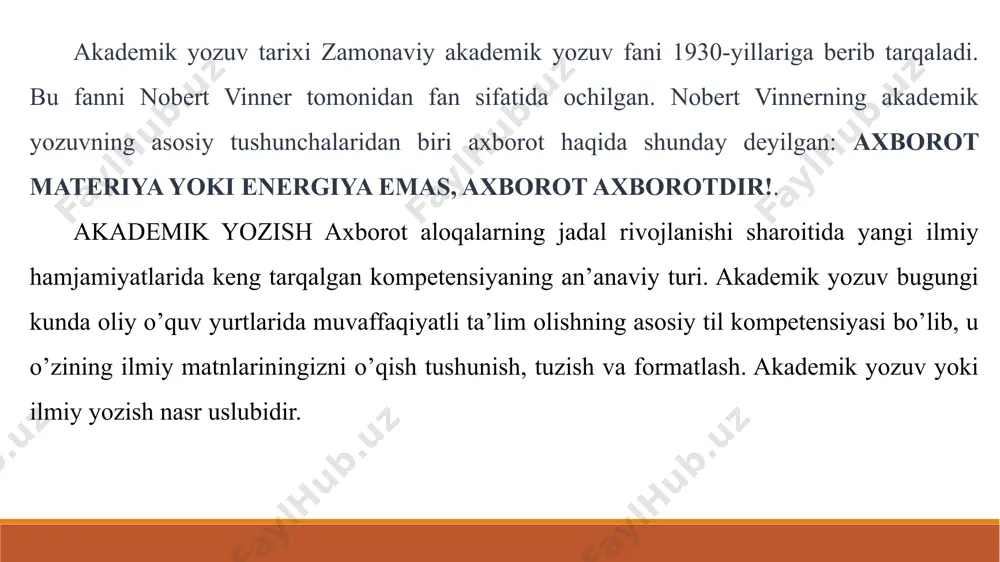 lda akademik yozuv kirish, asosiy paragraflar va xulosani o'z ichiga oladi. kirish kirish haqida ma'lumot beradi, insho hajmi va yo'nalishini belgilaydi va tezisni bayon qiladi. asosiy paragraflar tezis bayonotini qo'llab-quvvatlaydi, har bir asosiy paragraf bitta qo'llab-quvvatlovchi nuqtani ishlab chiqadi. xulosa tezisga murojaat qiladi, asosiy fikrlarni umumlashtiradi va hujjat natijalarining natijalarini ta'kidlaydi. har bir jumla va paragraf aniq dalillarni keltirish uchun mantiqan ikkinchisiga bog'lanadi. dalillarga asoslangan dalillar. akademik yozish yaxshi ma'lumotli dalillarni talab qiladi. bayonotlar ilmiy manbalardan (tadqiqot ishlarida bo'lgani kabi), o'rganish yoki eksperiment natijalaridan yoki birlamchi matndan olingan takliflardan (adabiy tahlil inshoidagi kabi) dalillar bilan tasdiqlanishi kerak. dalillardan foydalanish argumentga ishonchni beradi. shaxssiz ohang. akademik yozuvning maqsadi mantiqiy dalillarni ob'ektiv nuqtai nazardan etkazishdir. akademik yozuv hissiy, yallig'lanishli yoki boshqa tarafkashlikdan qochadi. shaxsan siz g'oyaga rozi bo'lasizmi yoki qo'shilmasligingizdan qat'iy nazar, u sizning maqolangizda aniq va xolis ko'rsatilishi kerak. ko'pgina nashr etilgan maqolalarda tezislar mavjud: maqolaning eng muhim nuqtalarining qisqacha mazmuni. …