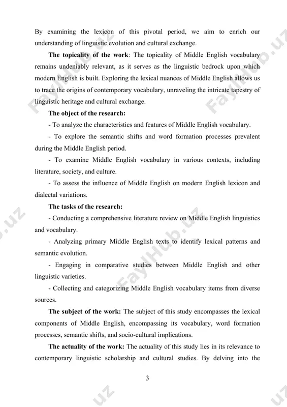 cal intricacies of middle english, we aim to contribute to ongoing discussions surrounding language evolution, cultural exchange, and historical linguistics. the novelty of the work: while middle english has been the subject of extensive scholarly inquiry, this study aims to offer a novel perspective by focusing specifically on its vocabulary. by synthesizing existing research and conducting original analyses, we seek to uncover new insights into the lexical landscape of the middle english period. the methods of the research: this study employs a multidisciplinary approach, drawing upon methodologies from historical linguistics, literary analysis, and sociolinguistics. methods include qualitative analysis of textual data, comparative studies, and theoretical frameworks from linguistics and cultural studies. the practical value of the work: understanding middle english vocabulary has practical implications for various fields, including language education, historical research, and literary studies. by gaining insights into the linguistic heritage of english, educators can enrich language curricula, while …