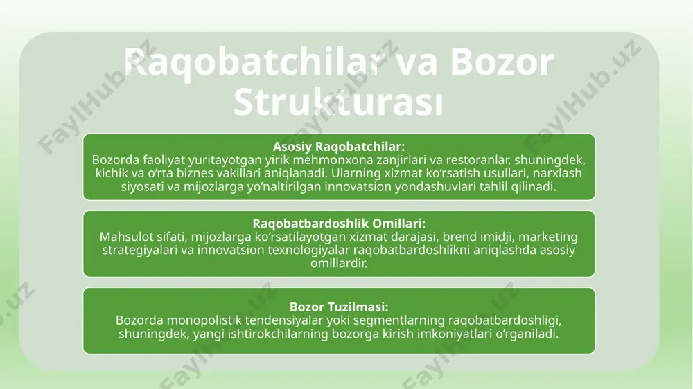 magan. muntazam treninglar, malaka oshirish dasturlari va motivatsion tizimlarni joriy etish. mehmonxona va restoran joylari eski, qulayliklar va interyer dizayni zamonaviy talablar darajasiga javob bermaydi. infratuzilmani modernizatsiya qilish, interyer dizaynini yangilash va qulayliklarni oshirish menyu assortimenti cheklangan, taom sifatida va xizmatlar turida yangilik yetishmaydi. yangi taomlar ishlab chiqish, xomashyo sifatini nazorat qilish va xizmat ko‘rsatish jarayonlarini optimallashtirish. brend imidji zaif, marketing strategiyasi va pr kampaniyalari etarlicha rivojlanmagan. raqamli marketing, ijtimoiy tarmoqlarda faol reklama va pr tadbirlarini kuchaytirish. baliq metodi image2.jpeg image3.jpeg image4.jpeg image5.png /docprops/thumbnail.jpeg