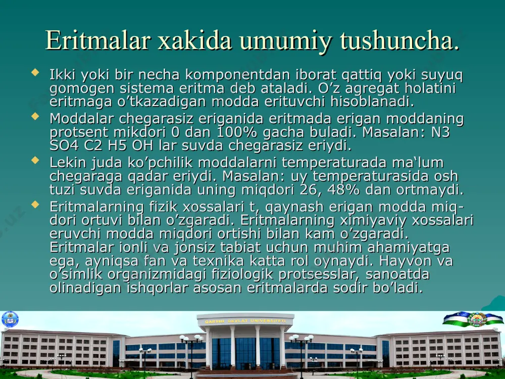 arrachalar holida taqsimlangan har qanday sistema dispers sistema deb ataladi (dispers grekcha «disperg» so’zidan olingan bo’lib tarqatmoqda). maydalangan modda sistemaning dispers fazosi deb, uni urab olgan modda esa dispertsion muhit deb ataladi. masalan: gilning suvdagi suspenziyasida gil zarrachalari dispers fazoni, suv esa disperzitsion muhitni tashkil etadi. dispers sistemalar har xil bo’ladi, chunki ularning fazolari moddalarning uch agregat holatining istagan holatida bo’lishi mumkin. dispertsion muhit gaz bo’lgan dispers sistemalar aerozollar deb ataladi. bulut, chang va tutunlar aerozollarga misol bo’ladi. kolloid eritmalar yoki zollar deb ultramikroskop yordamida paykaladigan zarrada kichik bo’lgan dispers sistemalarga aytiladi. kolloid eritmalar ba‘zi moddalarni, masalan, oqsil, jelatina va shunga o’xshash moddalarni suvga uzoq vaqt tegib turishi natijasida hosil qilinadi. ba‘zi moddalarning kolloid eritmalarini hosil qilish uchun, ular suyuqlikka qo’shib ezg’ilanadi. ximiyaviy reaktsiyalar natijasida ham kolloid eritmalar hosil bo’ladi. masalan: arsinat kislota eritmasiga ma‘lum vaqt vodorod sulfat yuborib turilsa. 2h3 aso3 + 3h2s = as2s3 + 6h2o mishyak (iii) …